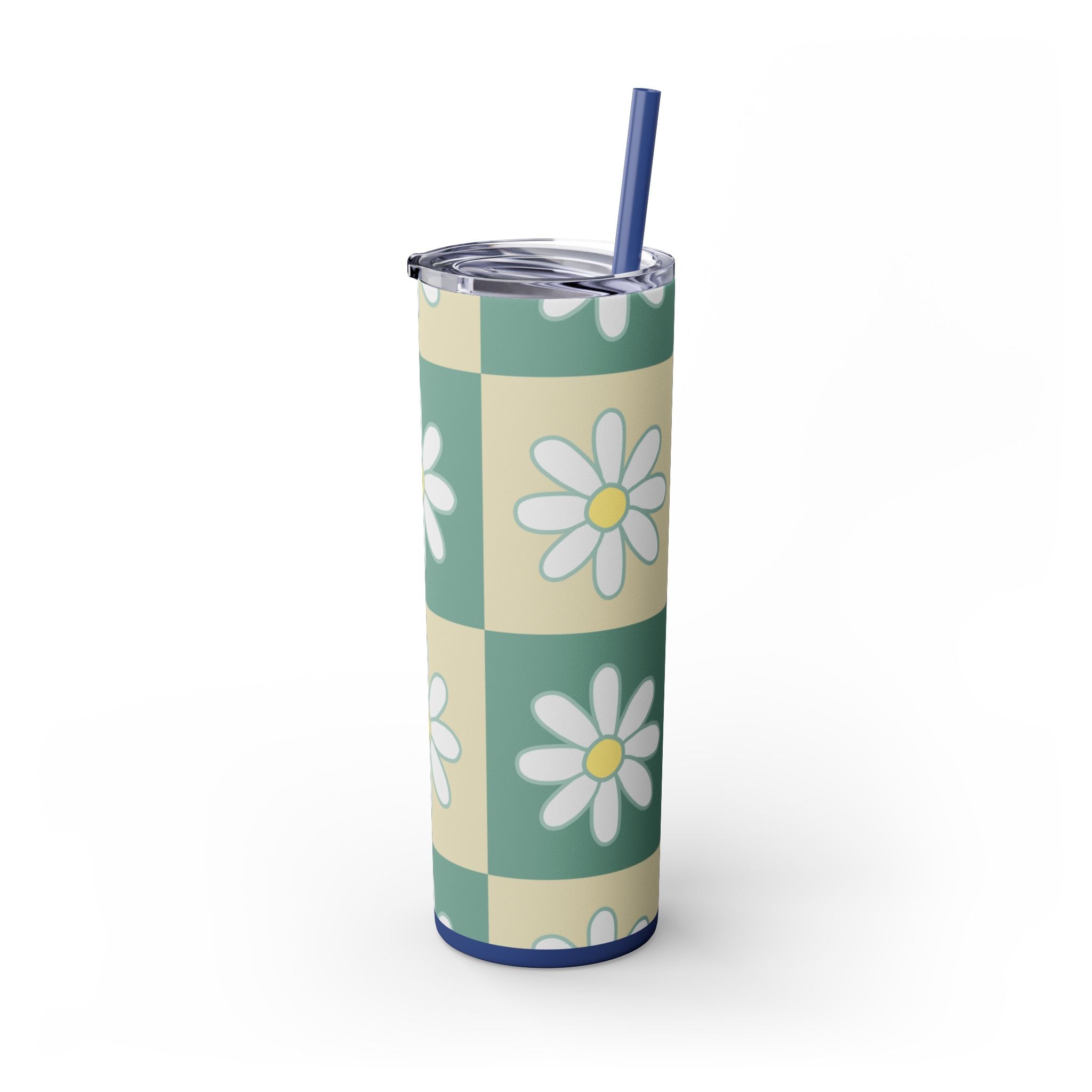 Retro Daisy Checkerboard Green and Tan Skinny Tumbler with Straw, 20oz, Artsulli - Art is Long, Life is Short, Mug, , , , , , , 