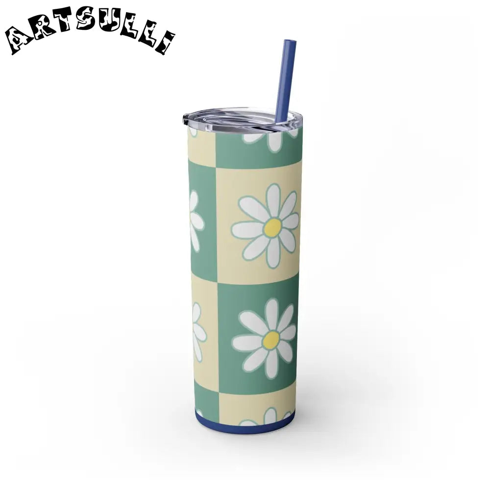JAKKOUTTHEBXX Retro Daisy Checkerboard Green and Tan Skinny Tumbler