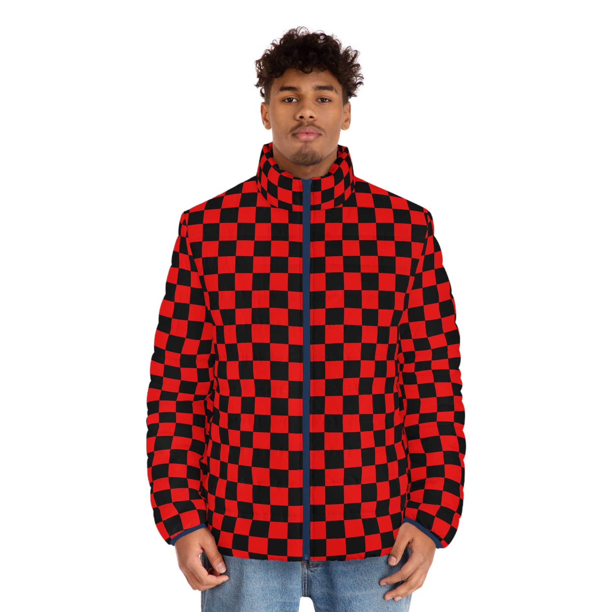 Checkerboard Red and Black Men's Puffer Jacket (AOP), Artsulli - Art is Long, Life is Short, All Over Prints, , , , , , , 