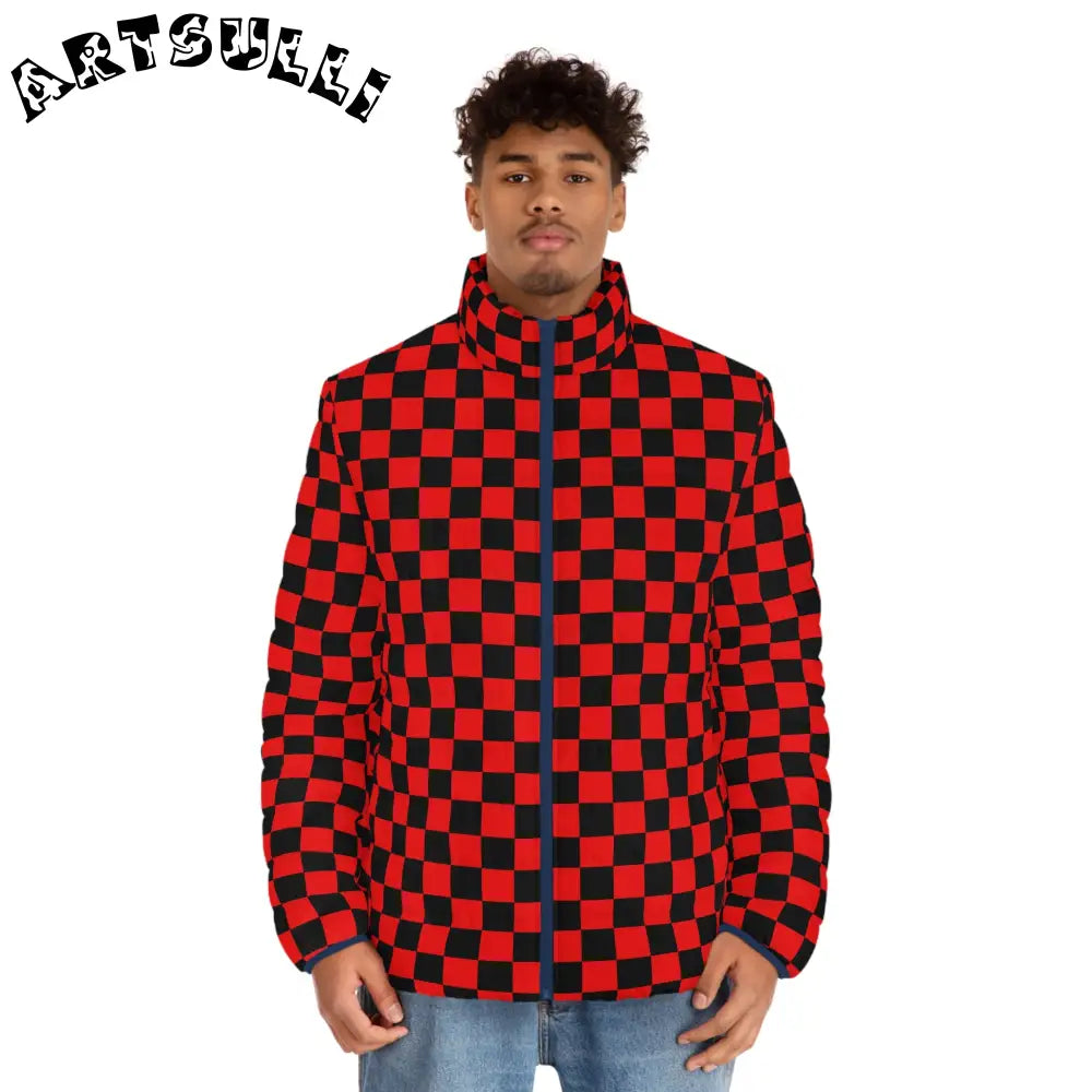 JAKKOUTTHEBXX Checkerboard Red and Black Men’s Puffer Jacket (AOP)