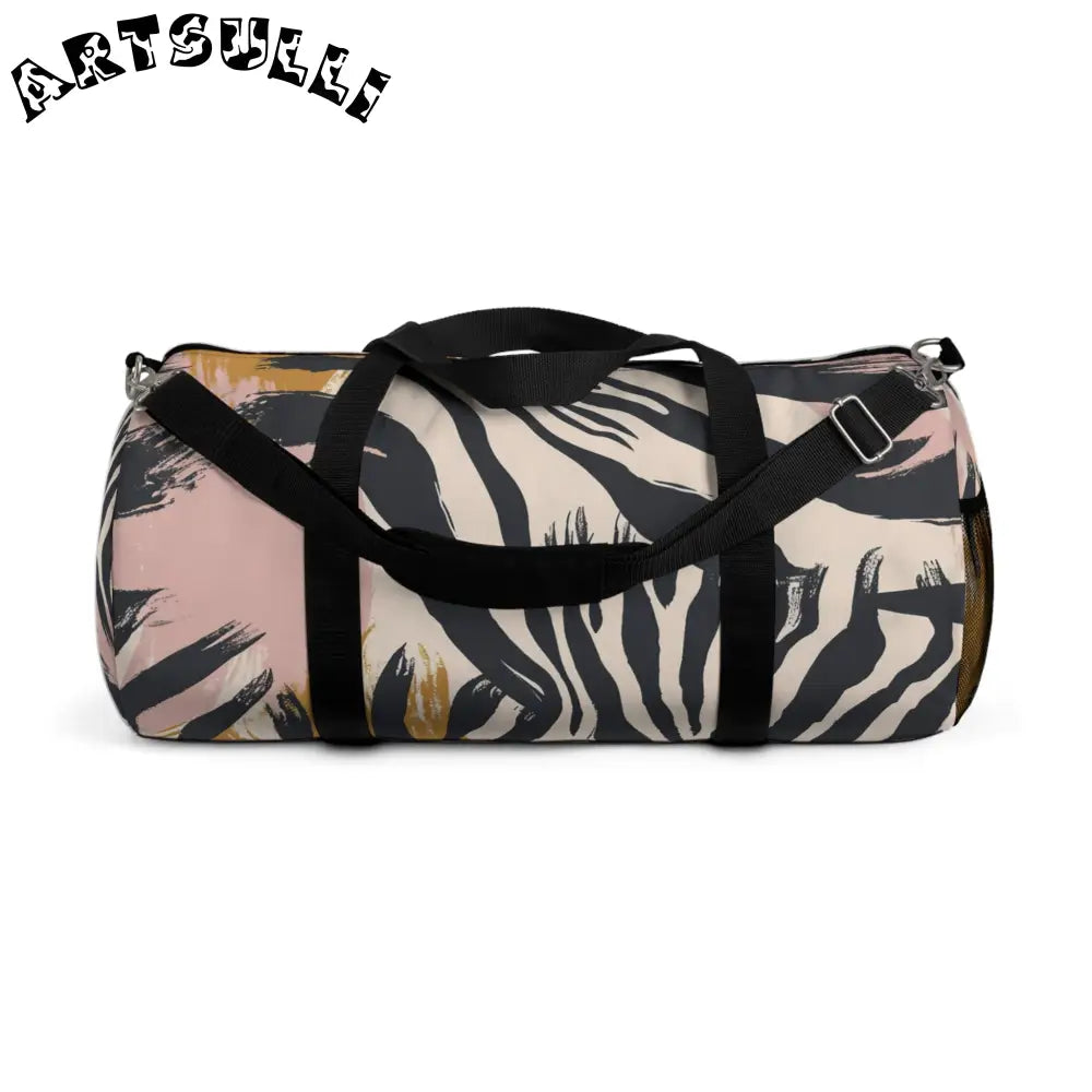 JAKKOUTTHEBXX Beige and Pink Abstract Zebra Print Duffel Bag