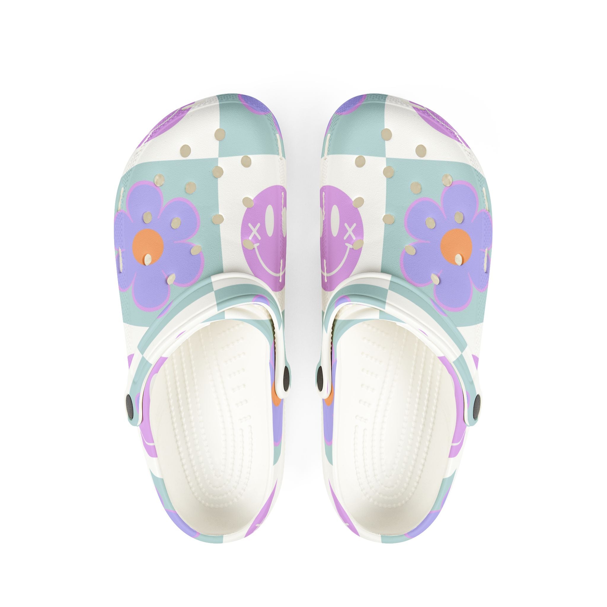 Flower x Smiley Face x Checkerboard Purple EVA Foam Rubber Shoes (AOP), Artsulli - Art is Long, Life is Short, Shoes, Size, US 6 (Women's), Color, White, , , 10821095465000