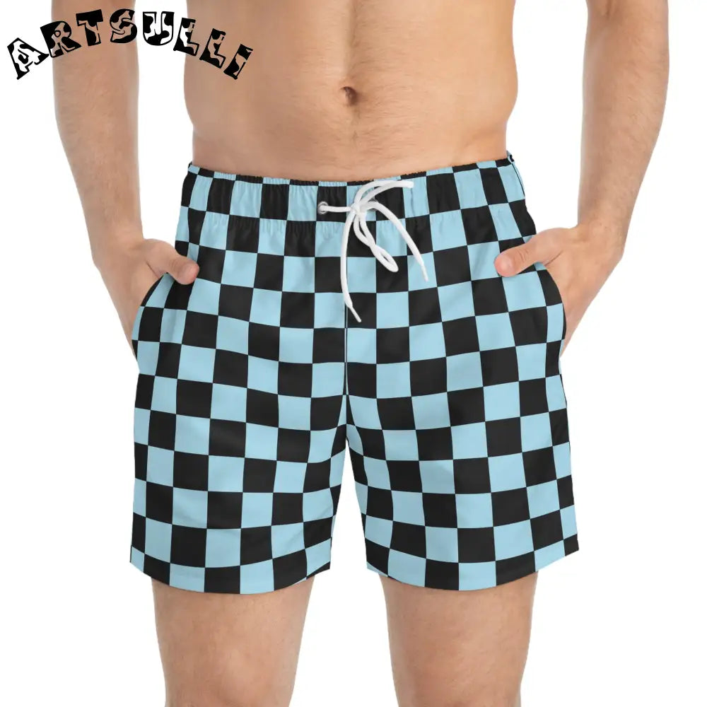 JAKKOUTTHEBXX Checkerboard Black and Blue Swim Trunks (AOP)