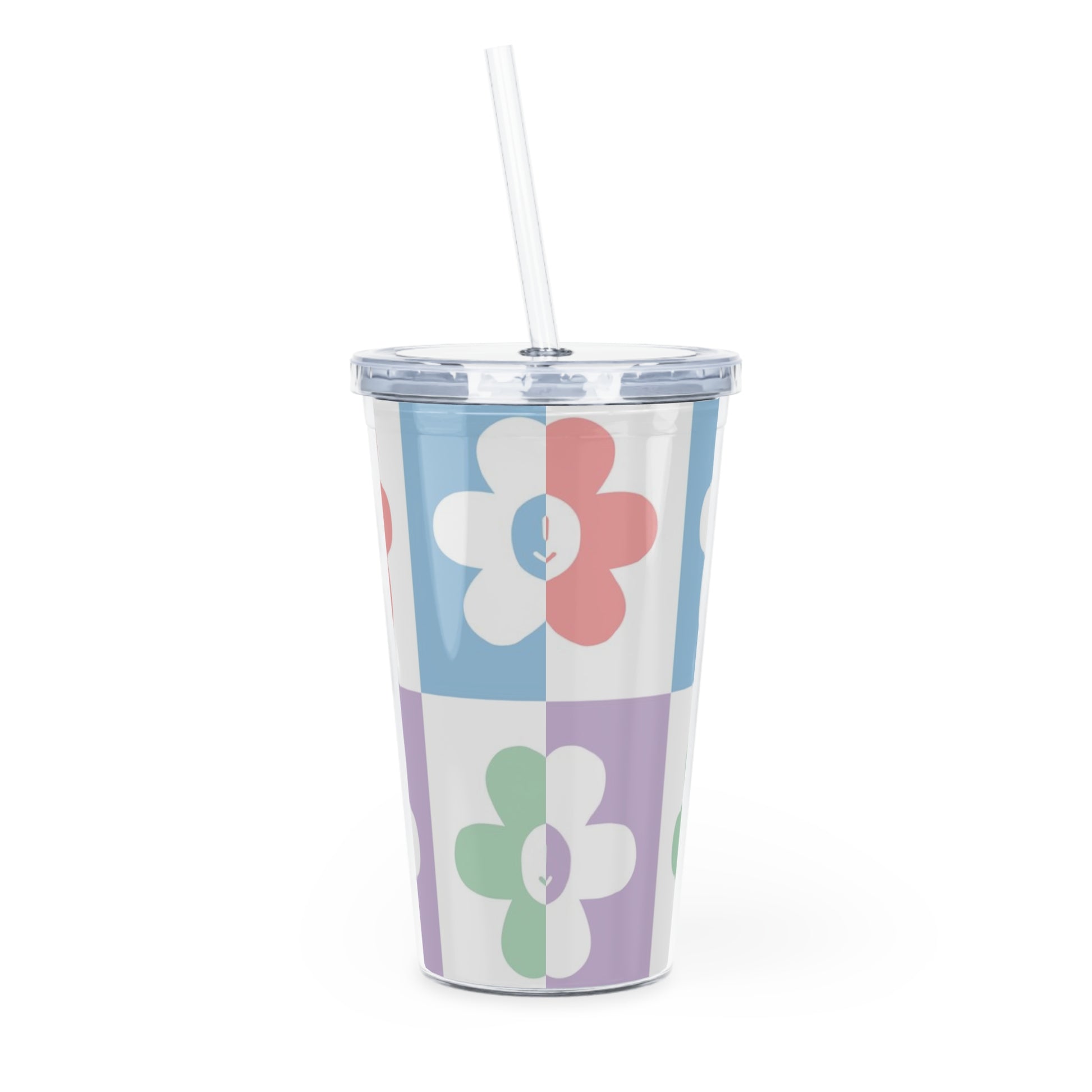 Chessboard x Smiley Face Flowers Multi-Color Plastic Tumbler with Straw, Artsulli - Art is Long, Life is Short, Mug, , , , , , , 
