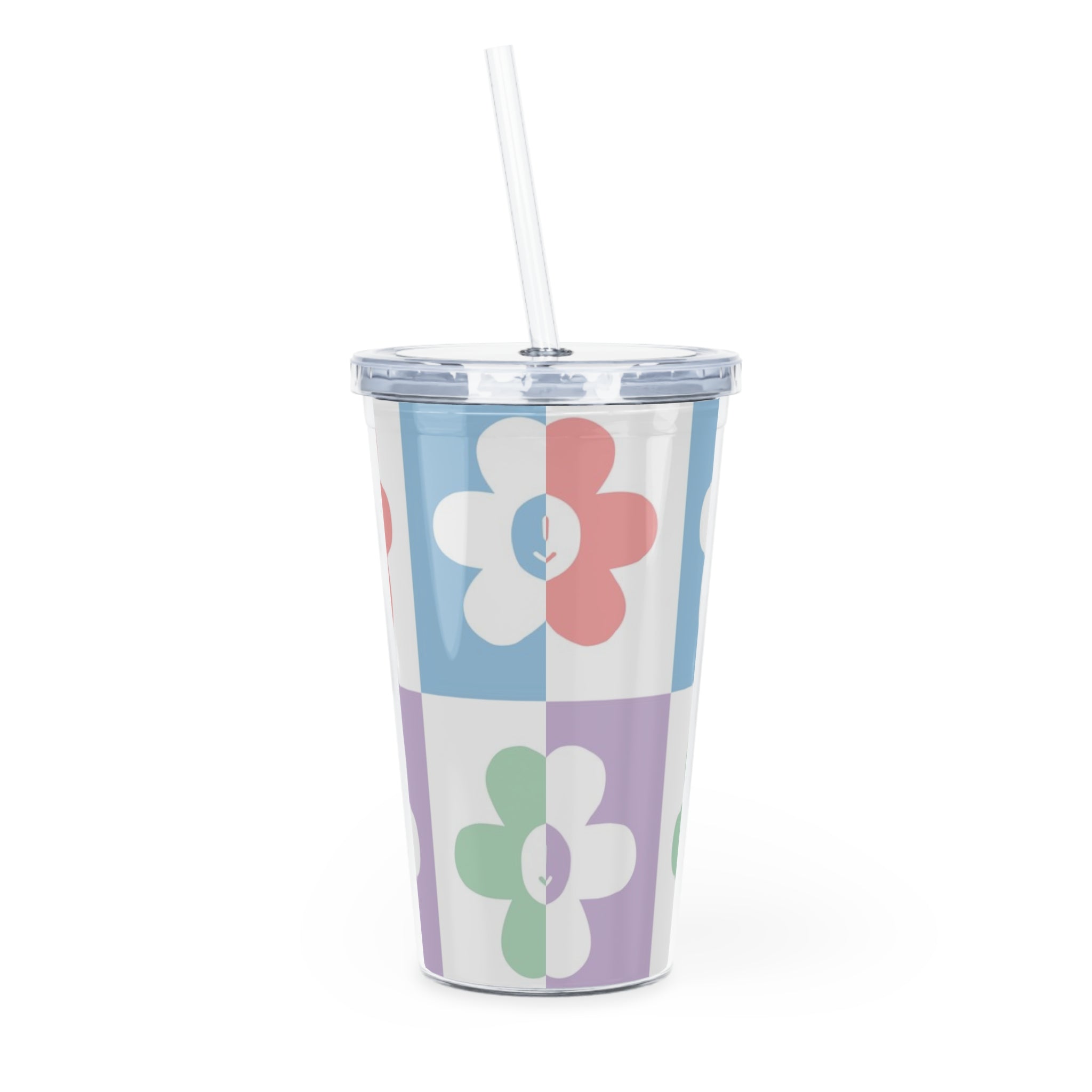 Chessboard x Smiley Face Flowers Multi-Color Plastic Tumbler with Straw, Artsulli - Art is Long, Life is Short, Mug, , , , , , , 