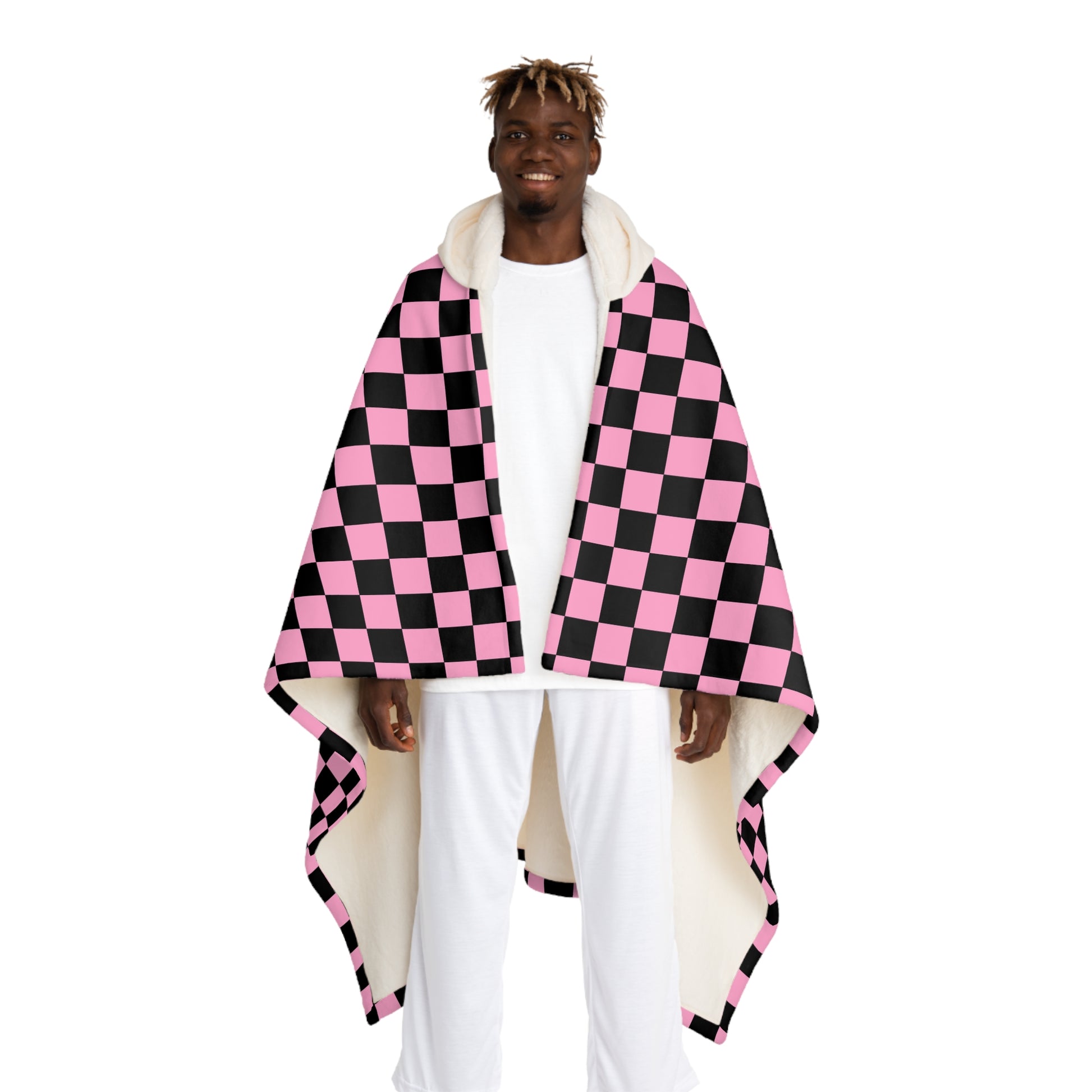 Checkerboard II Black and Pink Hooded Sherpa Fleece Blanket, Artsulli - Art is Long, Life is Short, All Over Prints, Size, One size, Color, Cream, , , 81539005198536945676
