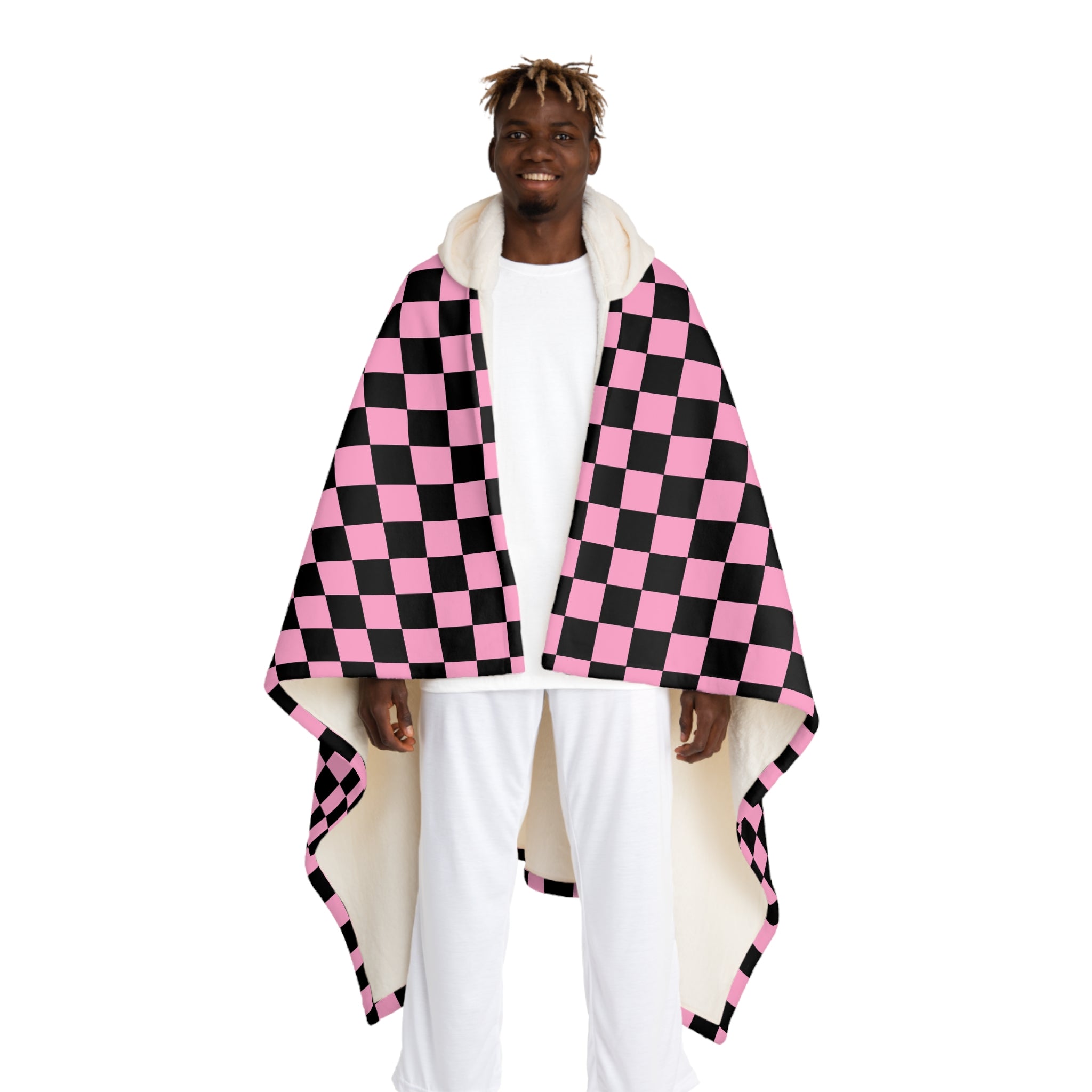 Checkerboard II Black and Pink Hooded Sherpa Fleece Blanket, Artsulli - Art is Long, Life is Short, All Over Prints, Size, One size, Color, Cream, , , 81539005198536945676