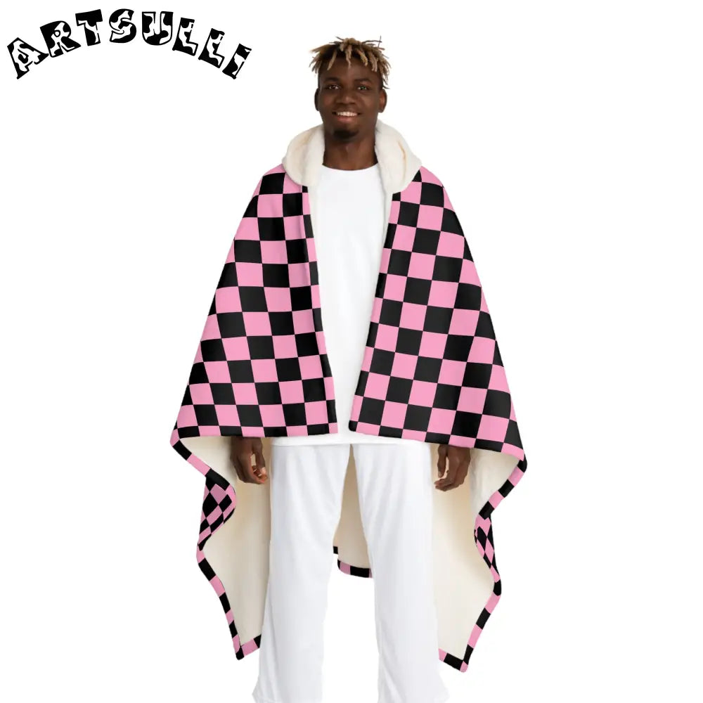 JAKKOUTTHEBXX Checkerboard II Black and Pink Hooded Sherpa Fleece