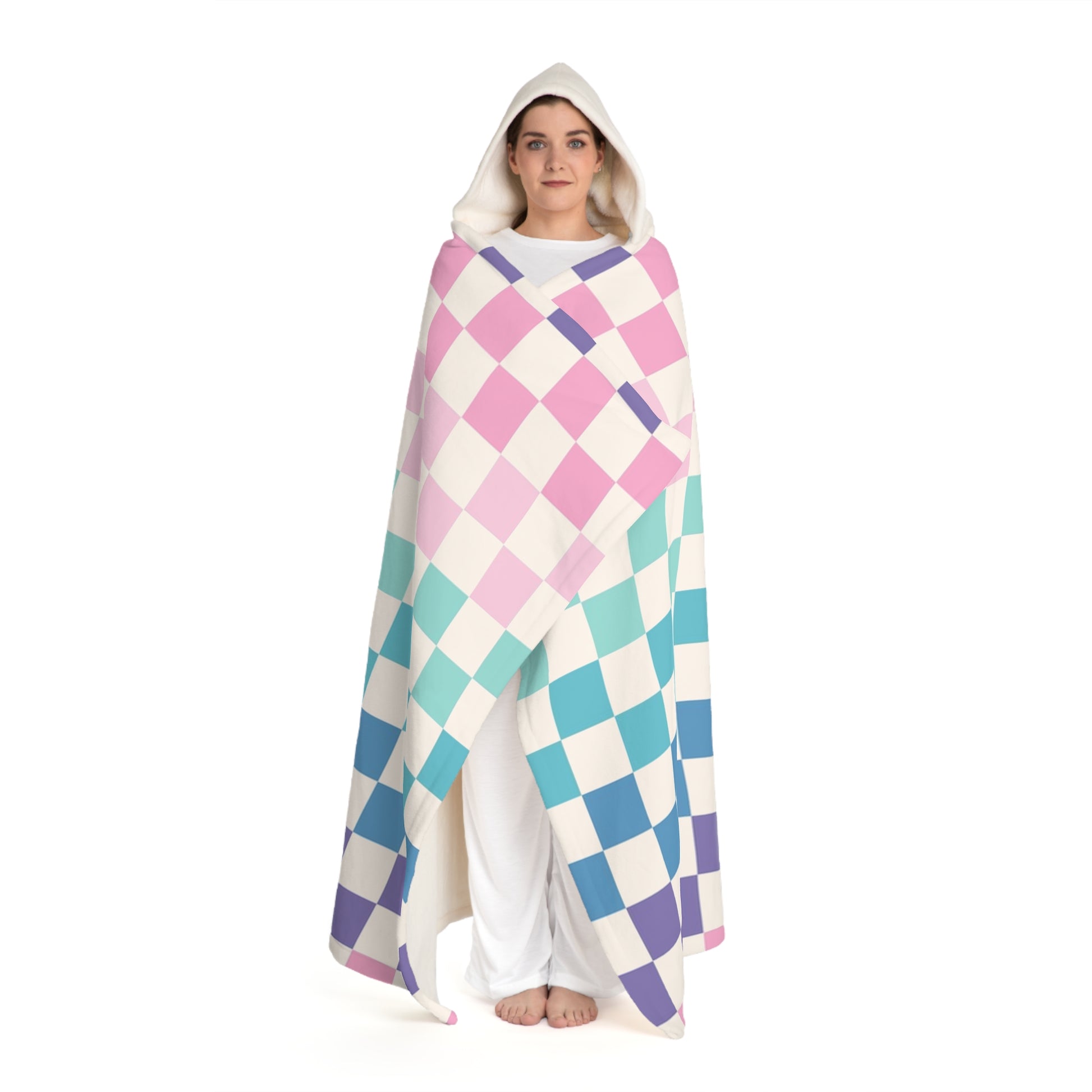 Vaporwave Rainbow  Checkerboard Multi-Color Hooded Sherpa Fleece Blanket, Artsulli - Art is Long, Life is Short, All Over Prints, , , , , , , 