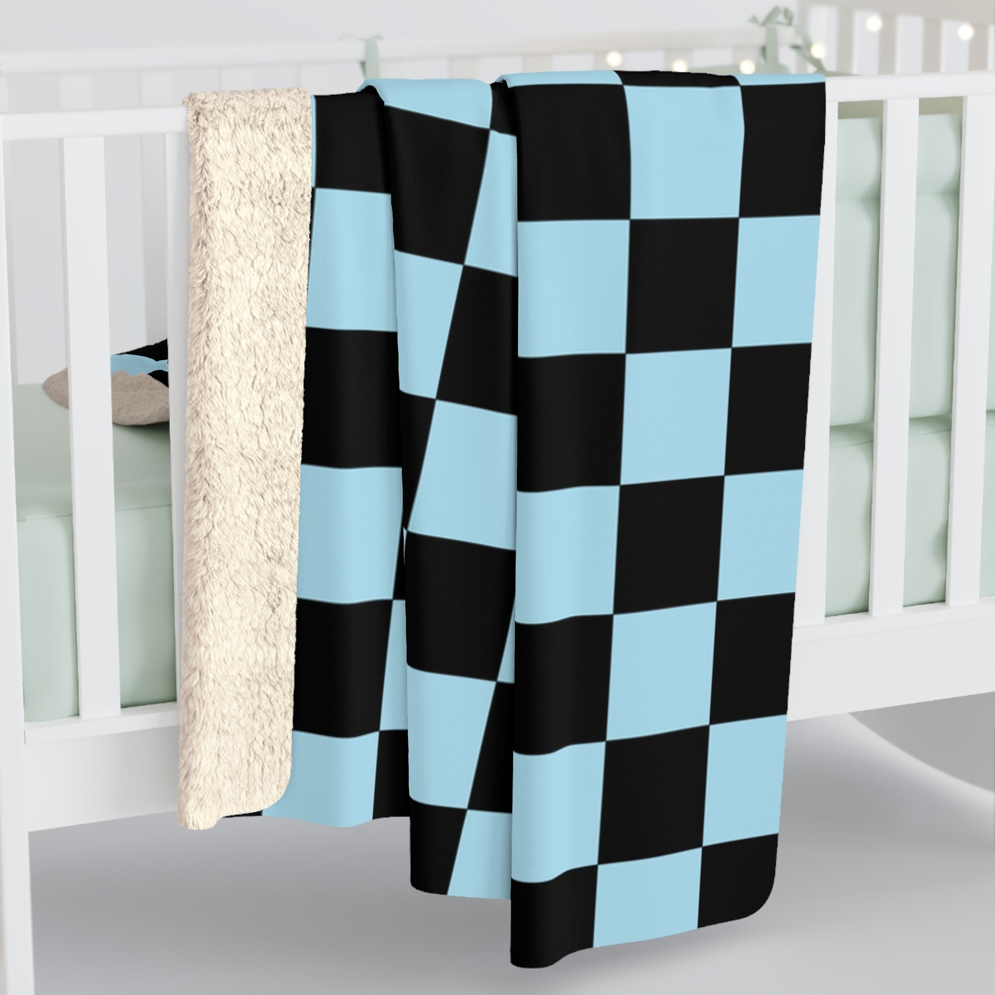 Checkerboard Black and Blue Sherpa Fleece Blanket, Artsulli - Art is Long, Life is Short, Home Decor, , , , , , , 