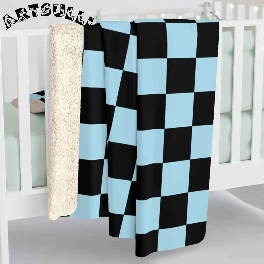 JAKKOUTTHEBXX Checkerboard Black and Blue Sherpa Fleece Blanket