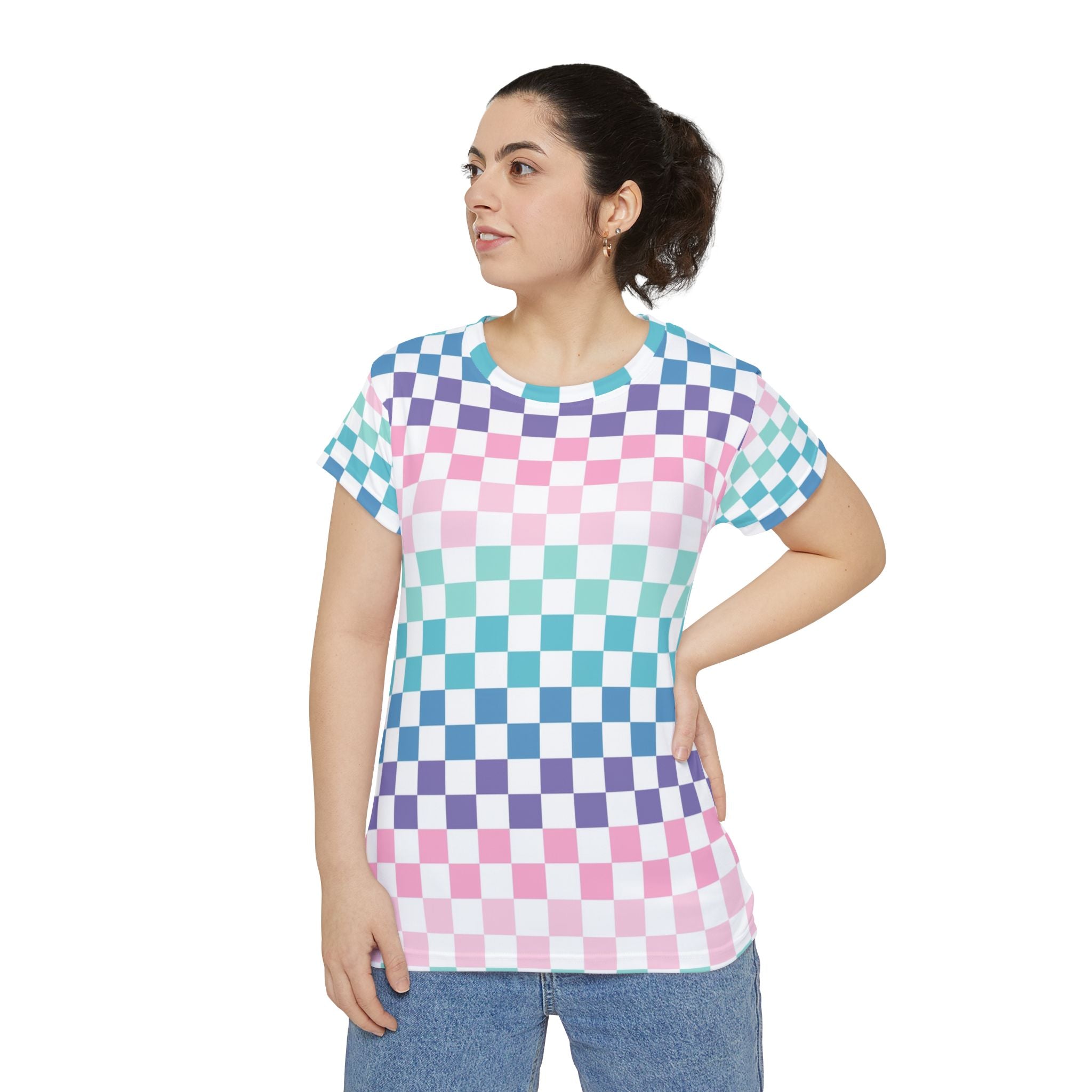 Vaporwave Rainbow  Checkerboard Multi-Color Women's Short Sleeve Shirt (AOP), Artsulli - Art is Long, Life is Short, All Over Prints, , , , , , , 