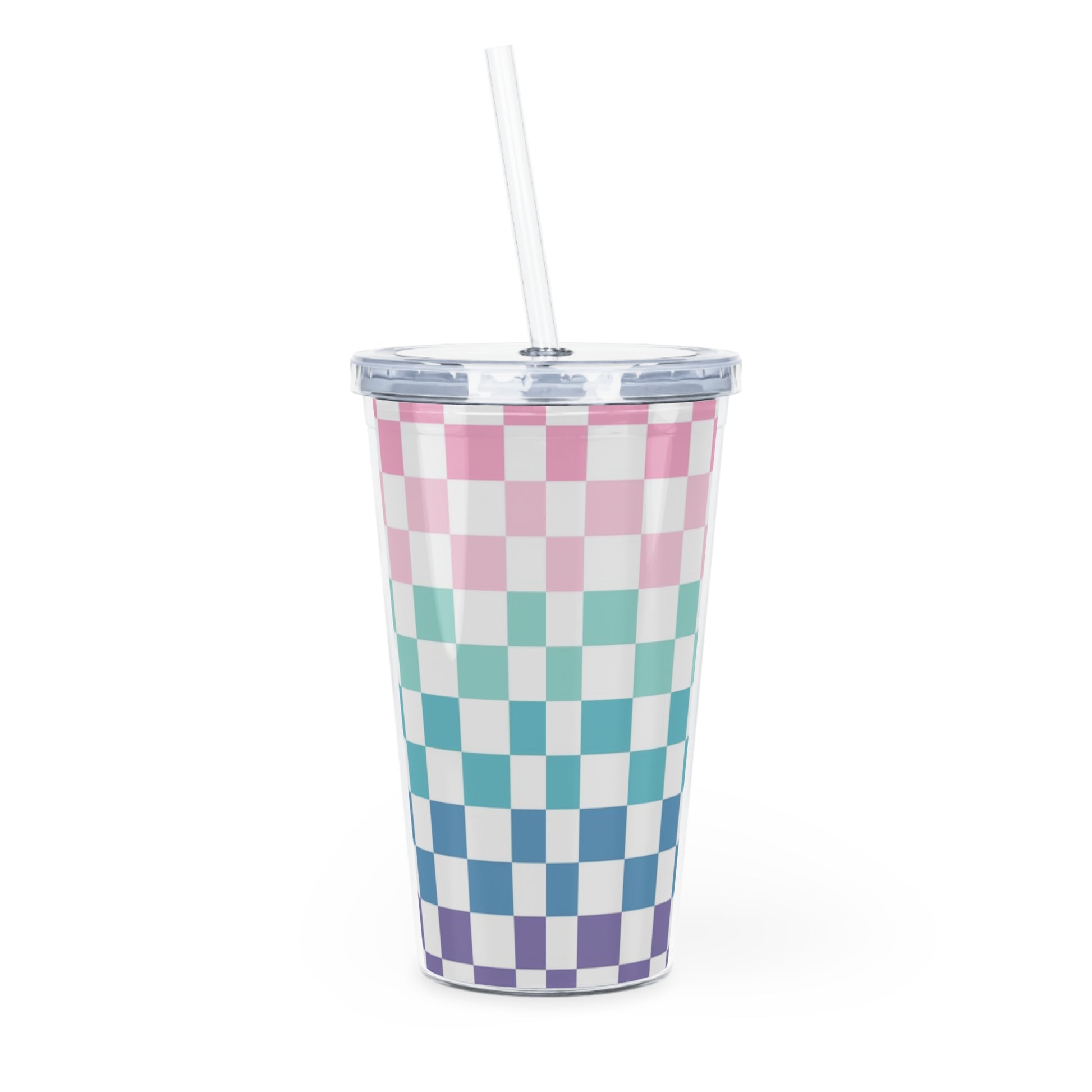 Vaporwave Rainbow  Checkerboard Multi-Color Plastic Tumbler with Straw, Artsulli - Art is Long, Life is Short, Mug, , , , , , , 