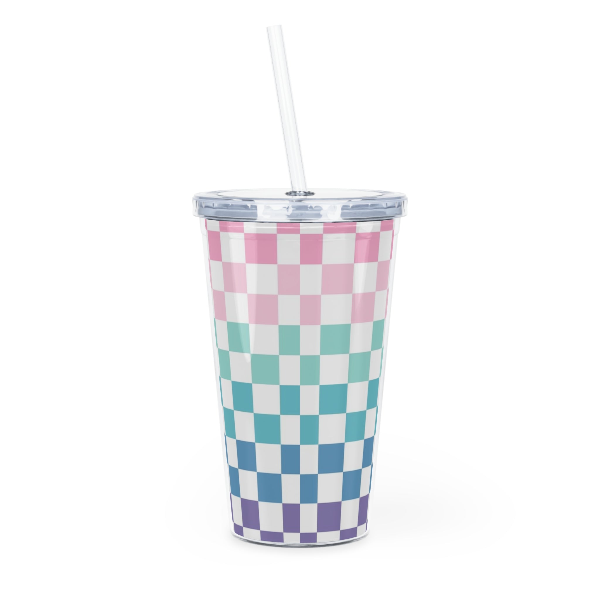 Vaporwave Rainbow  Checkerboard Multi-Color Plastic Tumbler with Straw, Artsulli - Art is Long, Life is Short, Mug, , , , , , , 