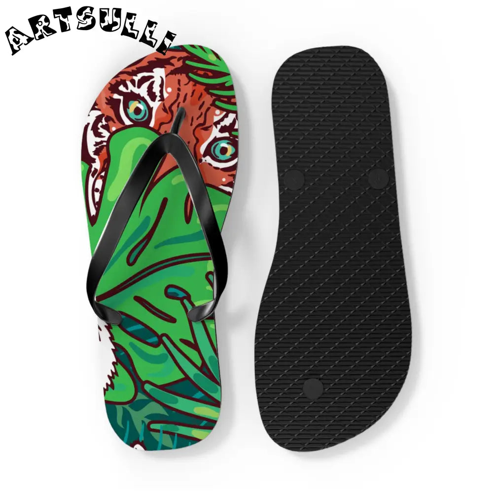 JAKKOUTTHEBXX Tropical Jungle Tigers Blue and Green Flip Flops