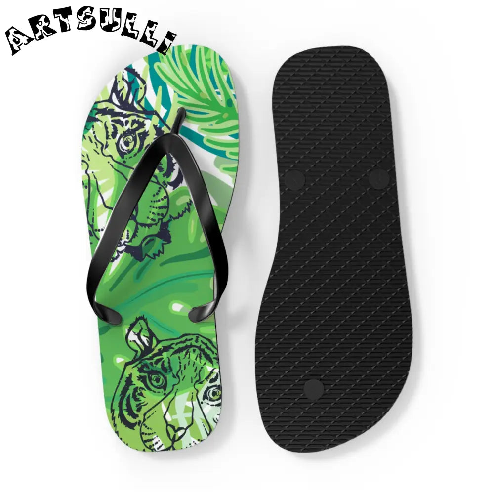 JAKKOUTTHEBXX Tropical Jungle Tigers Green Flip Flops JAKKOUTTHEBXX
