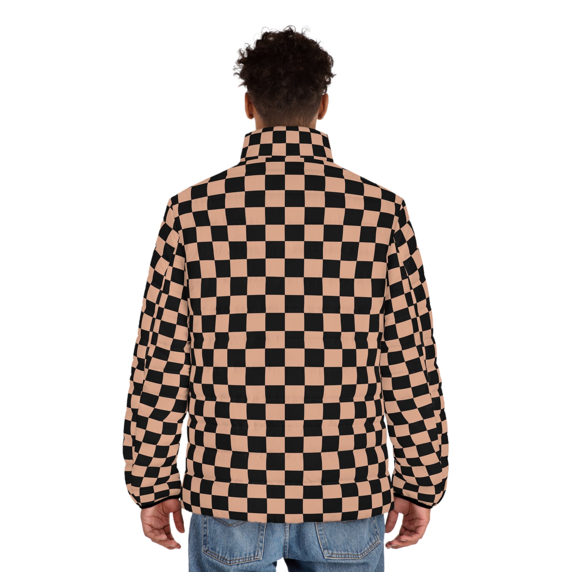 Checkerboard Soft Orange and Black Men's Puffer Jacket (AOP), Artsulli - Art is Long, Life is Short, All Over Prints, , , , , , , 