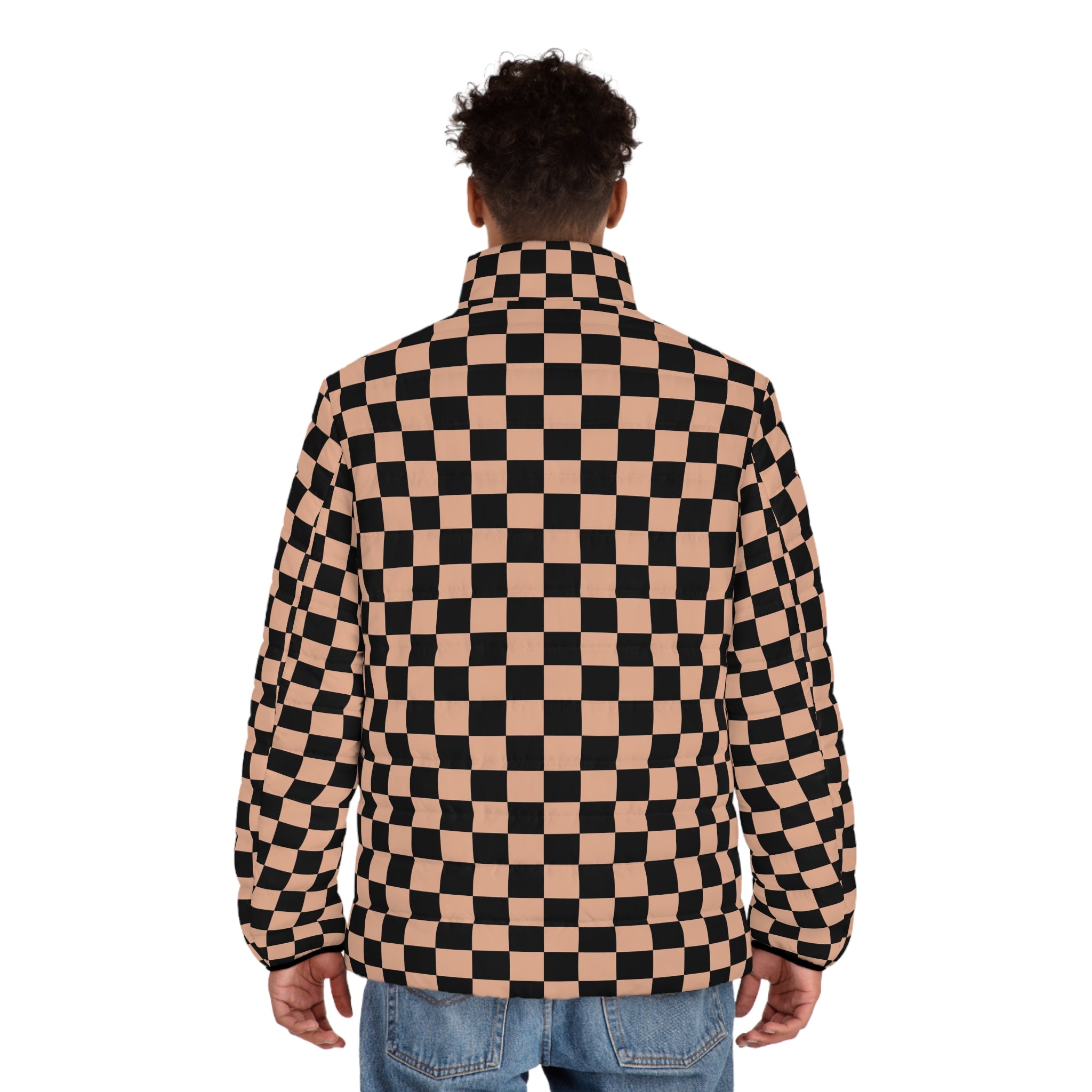 Checkerboard Soft Orange and Black Men's Puffer Jacket (AOP), Artsulli - Art is Long, Life is Short, All Over Prints, , , , , , , 
