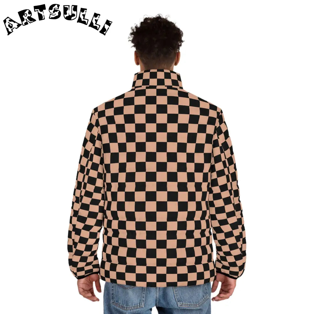 JAKKOUTTHEBXX Checkerboard Soft Orange and Black Men’s Puffer Jacket