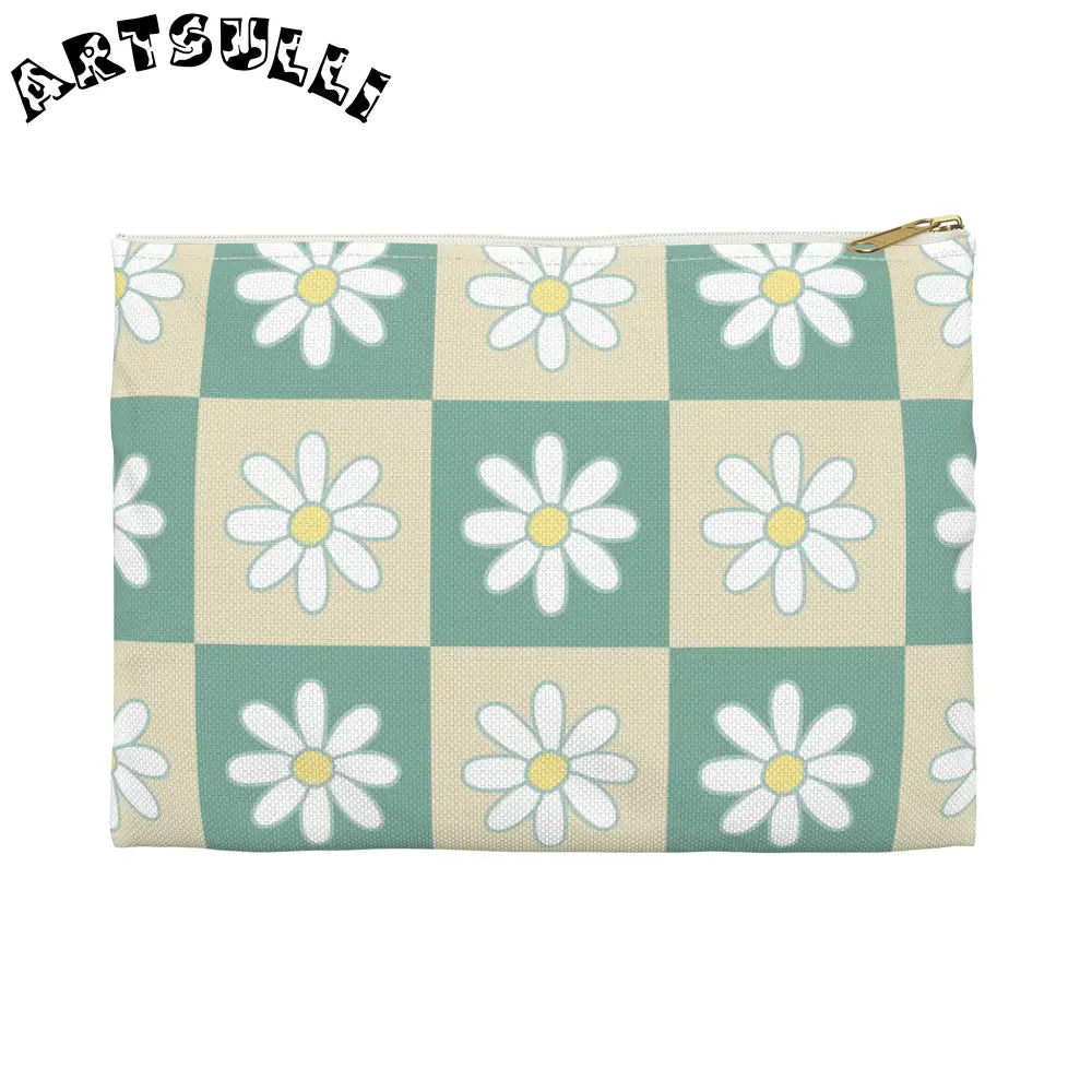 JAKKOUTTHEBXX Retro Daisy Checkerboard Green and Tan Accessory Pouch