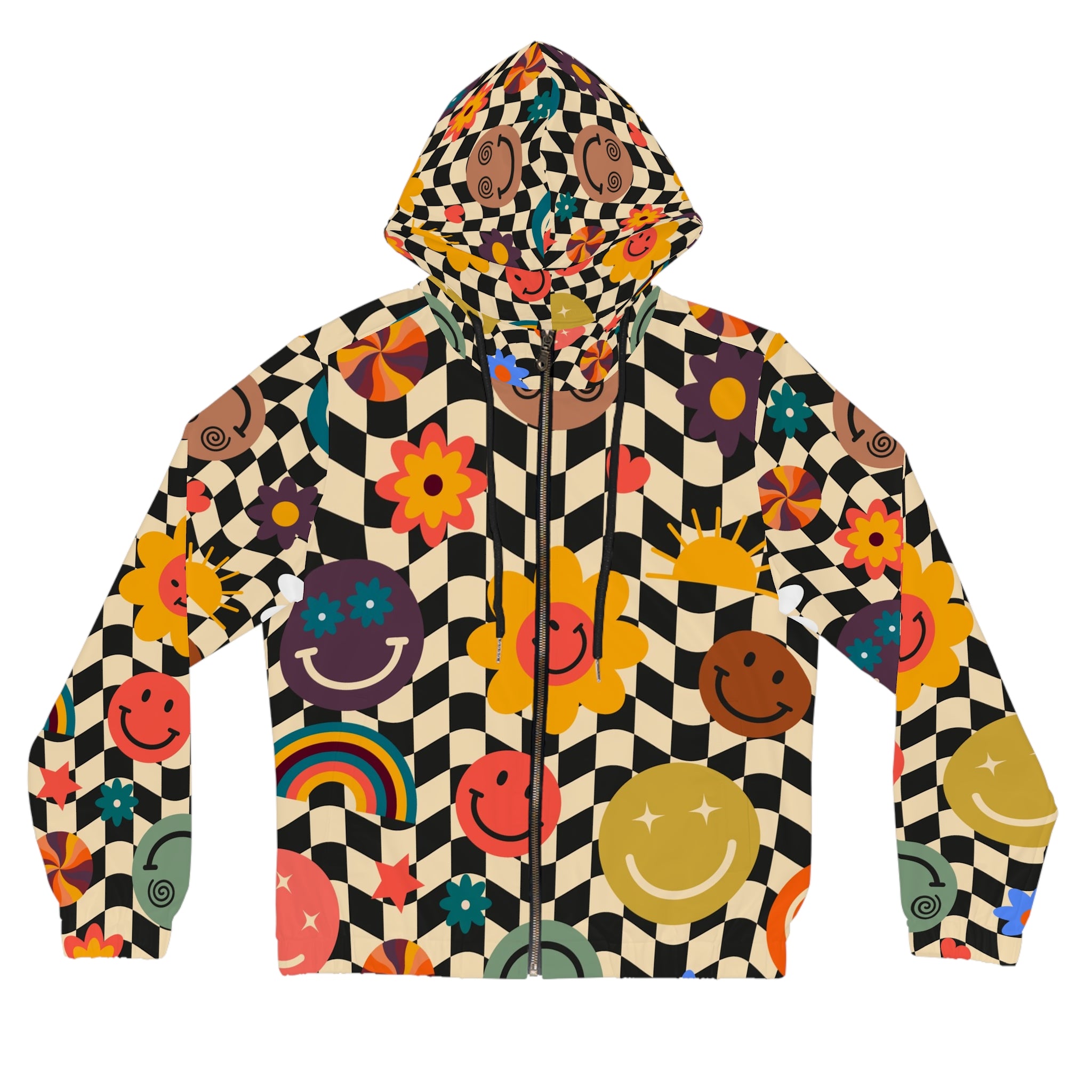 Trippy x Wavy Checkerboard x Smiley Face x Rainbow x Flowers Multi-Color Women’s Full-Zip Hoodie (AOP), Artsulli - Art is Long, Life is Short, All Over Prints, Size, XS, Color, Black, , , 10006046481103584986