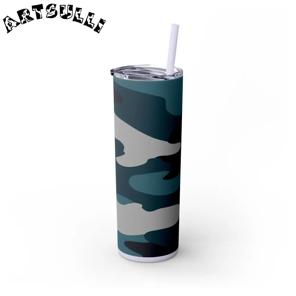 JAKKOUTTHEBXX Blue Camouflage Skinny Tumbler with Straw 20oz