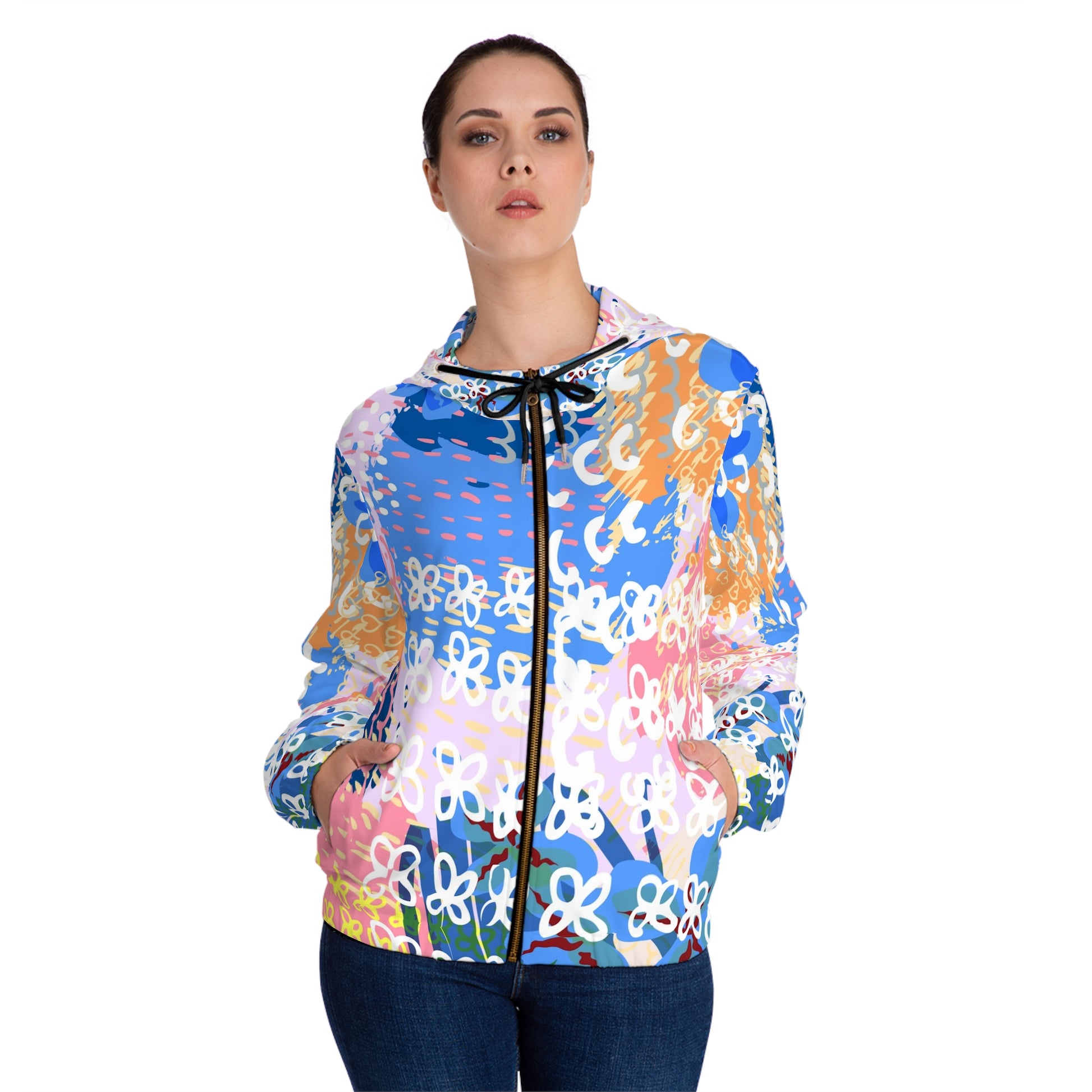 Flowers x Doodles x Hearts Multi-Color Women’s Full-Zip Hoodie (AOP), Artsulli - Art is Long, Life is Short, All Over Prints, , , , , , , 