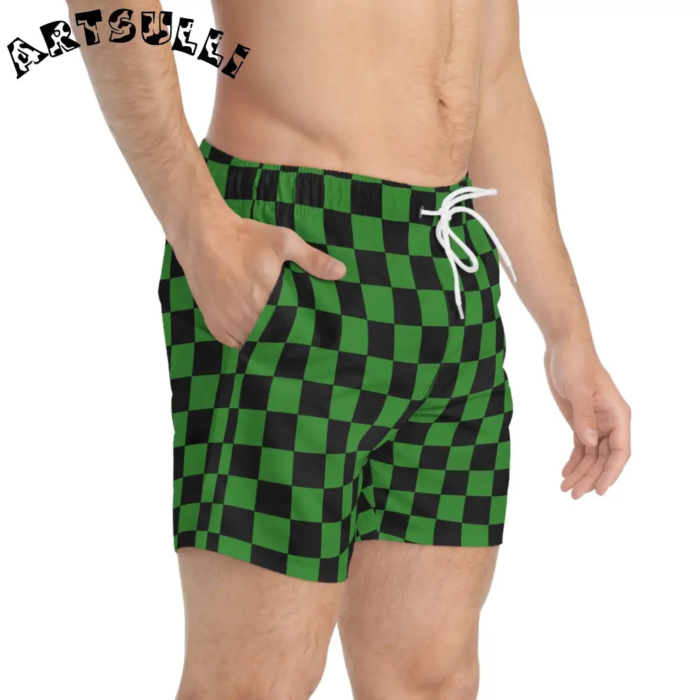 JAKKOUTTHEBXX Checkerboard Green and Black Swim Trunks (AOP)