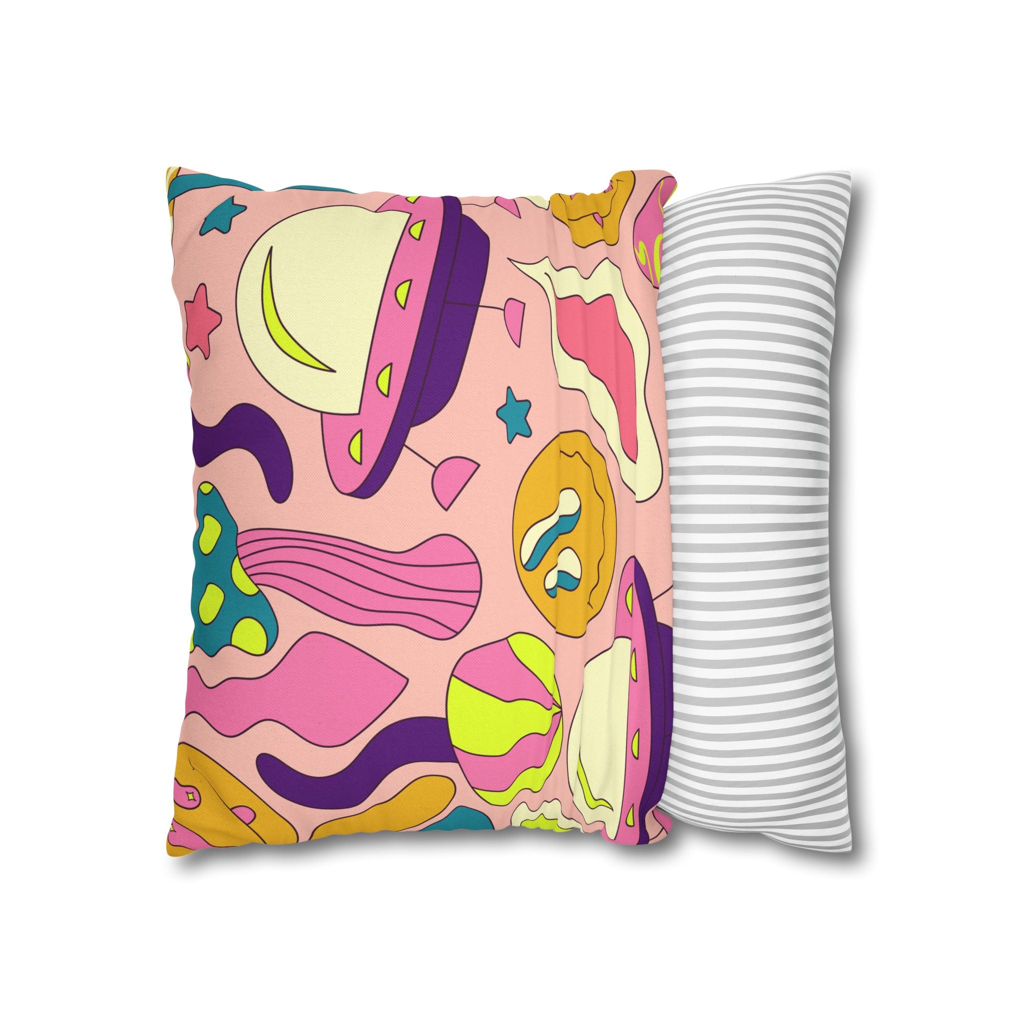Trippy Spaceships Pink Spun Polyester Square Pillowcase, Artsulli - Art is Long, Life is Short, Home Decor, , , , , , , 