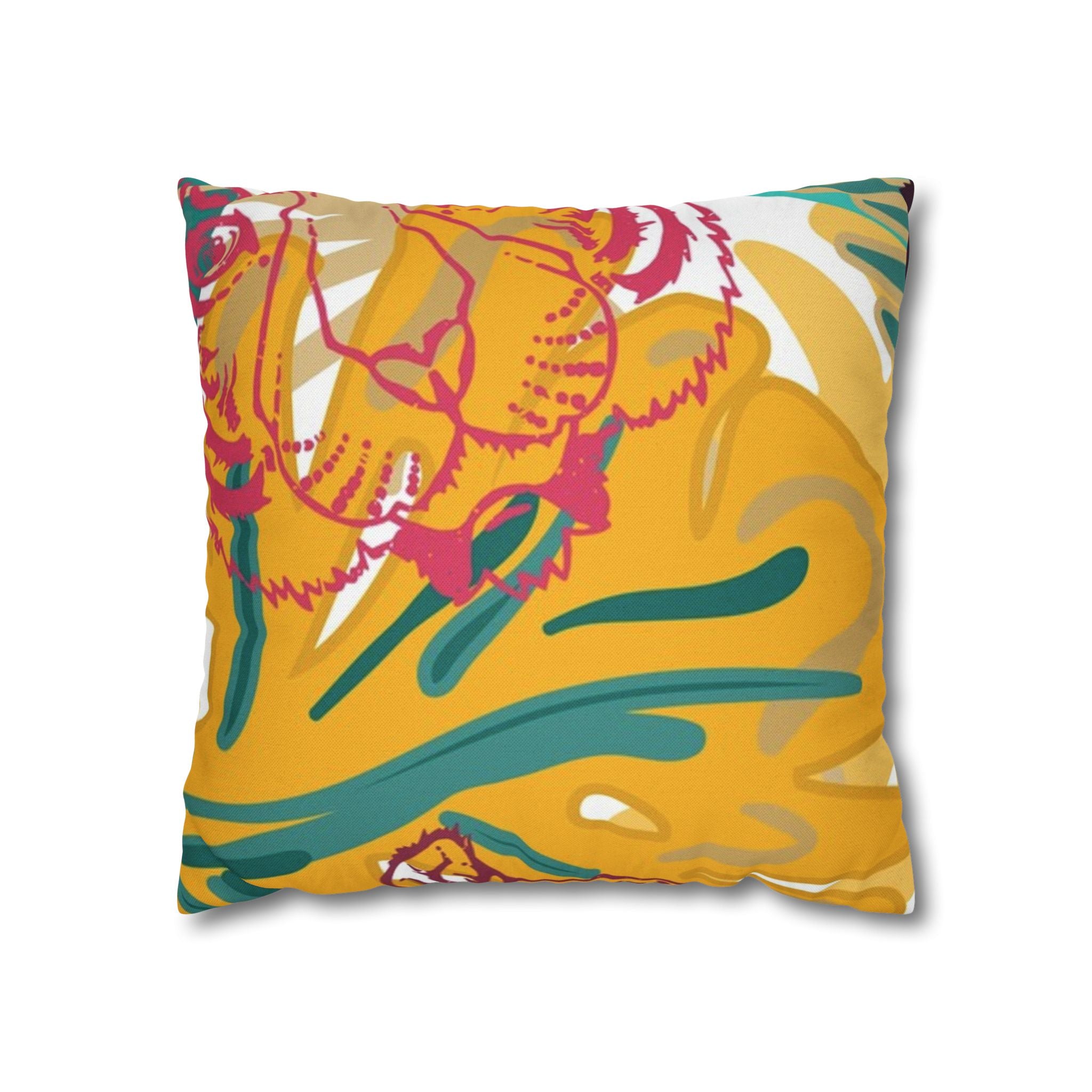 Tropical Jungle Tigers Brown and Green Spun Polyester Square Pillowcase, Artsulli - Art is Long, Life is Short, Home Decor, Size, 16" × 16", , , , , 14505212824507