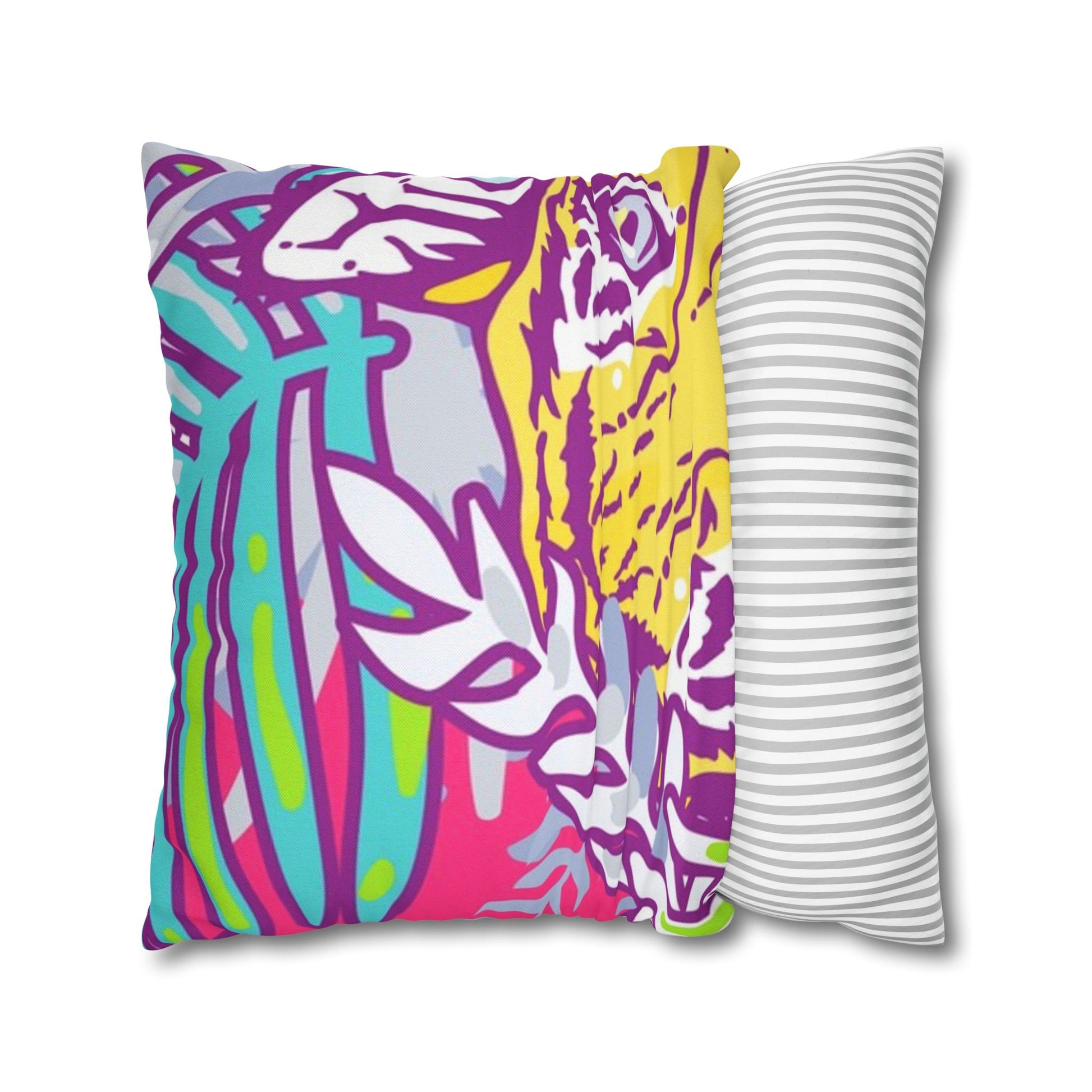 Tropical Floral Tigers Torquise and Purple Spun Polyester Square Pillowcase, Artsulli - Art is Long, Life is Short, Home Decor, , , , , , , 