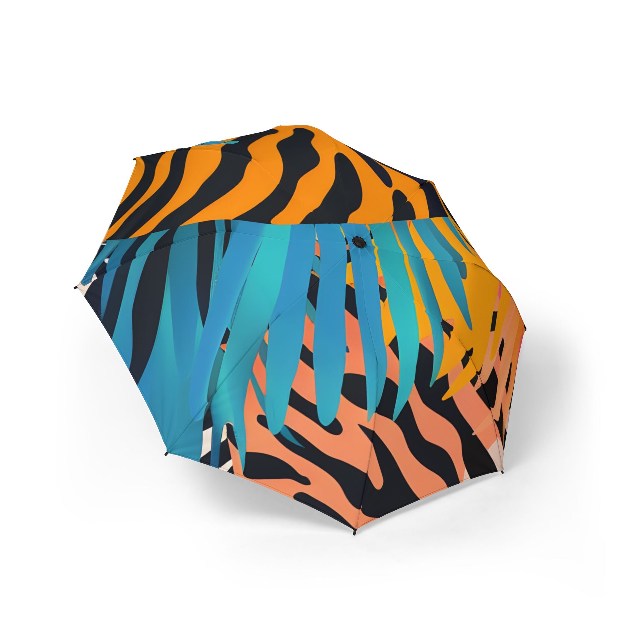 Palm Leaves x Zebra Stripes x Tiger Stripes Orange and Blue Multi-Color Semi-Automatic Foldable Umbrella, Artsulli - Art is Long, Life is Short, Accessories, Size, One size, , , , , 89880717888749