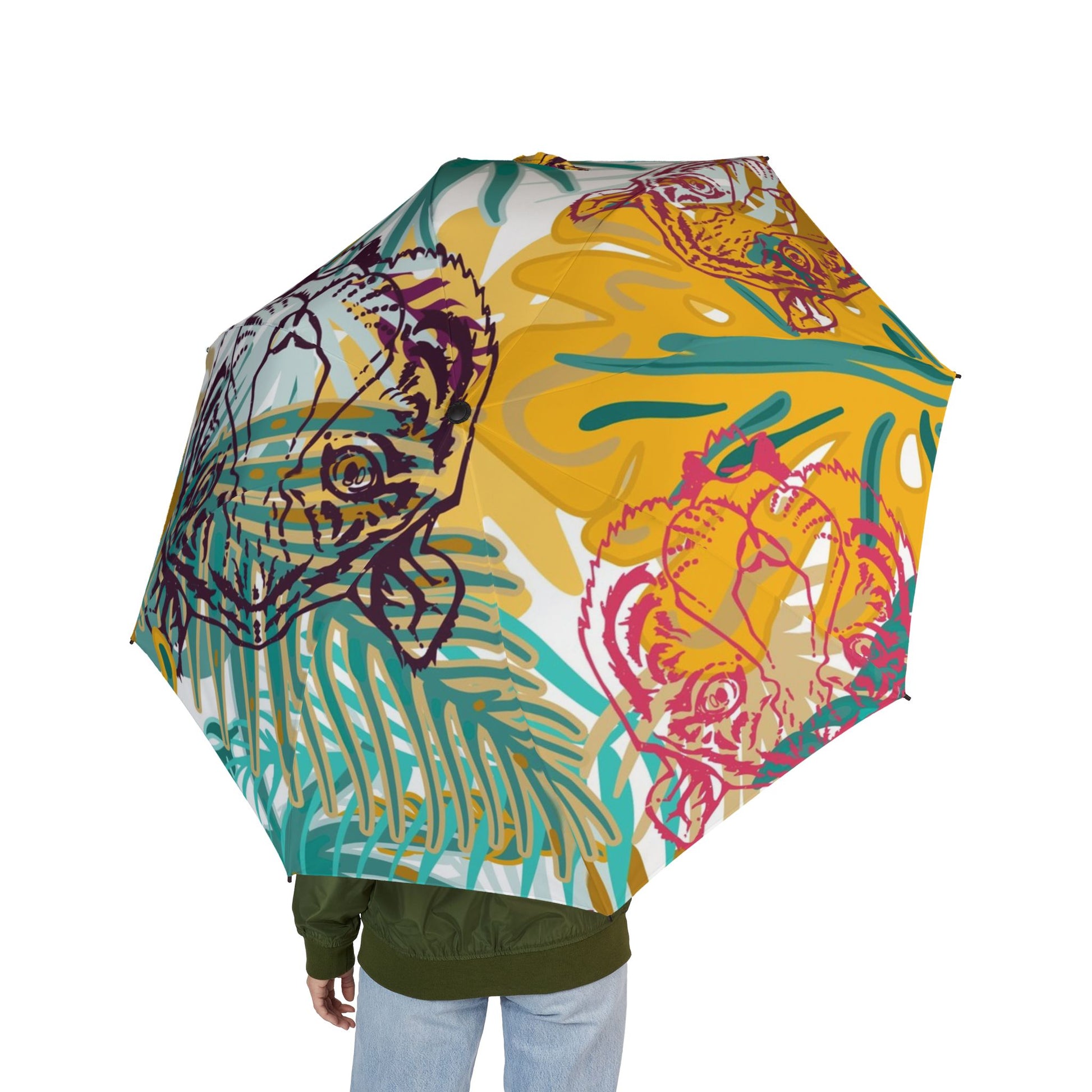 Tropical Jungle Tigers Brown and Green Semi-Automatic Foldable Umbrella, Artsulli - Art is Long, Life is Short, Accessories, , , , , , , 