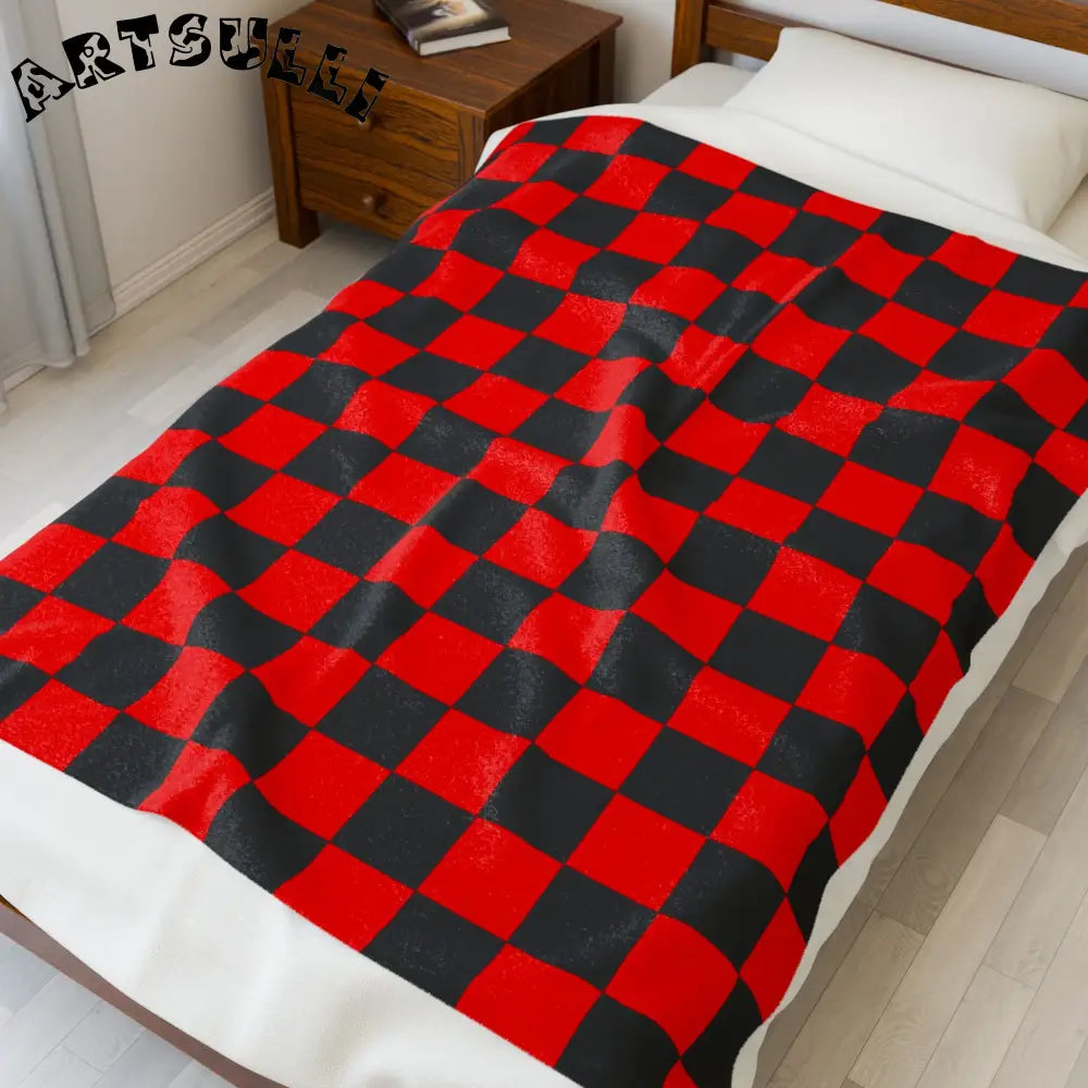 JAKKOUTTHEBXX Checkerboard Red and Black Velveteen Plush Blanket