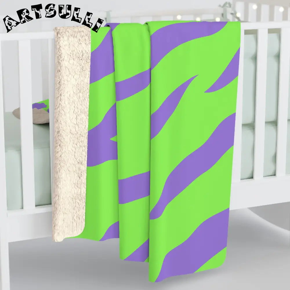 JAKKOUTTHEBXX Tyrannosaurus Print Green and Purple Sherpa Fleece