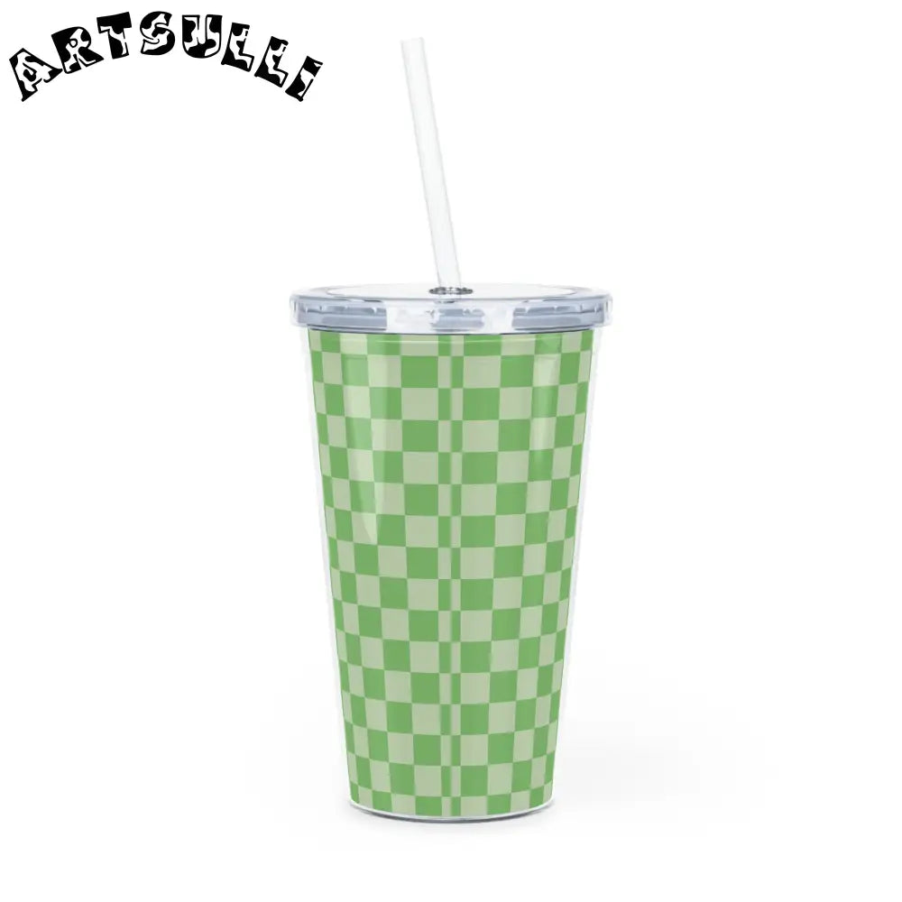 JAKKOUTTHEBXX Checkerboard II Green Plastic Tumbler with Straw