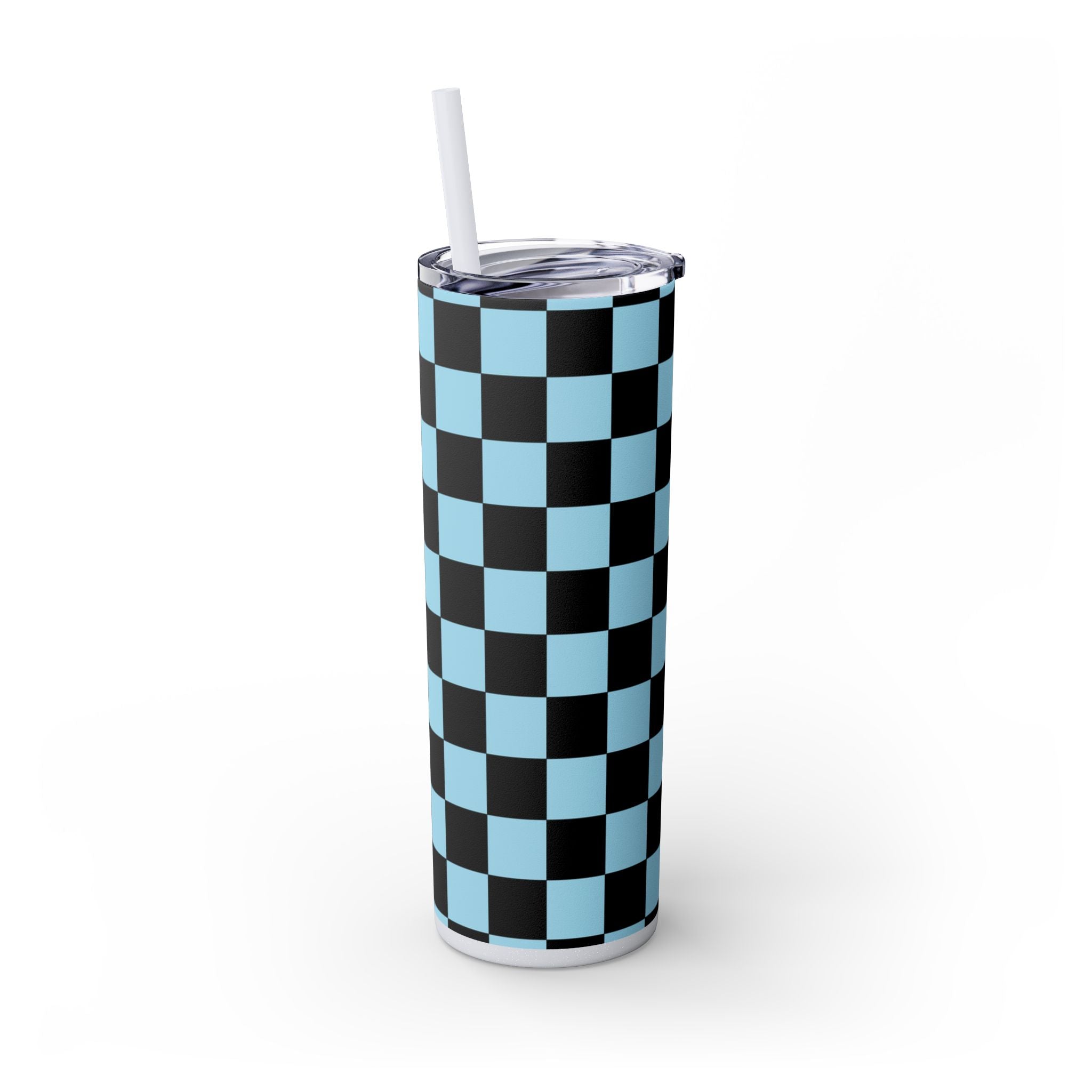Checkerboard Black and Blue Skinny Tumbler with Straw, 20oz, Artsulli - Art is Long, Life is Short, Mug, , , , , , , 