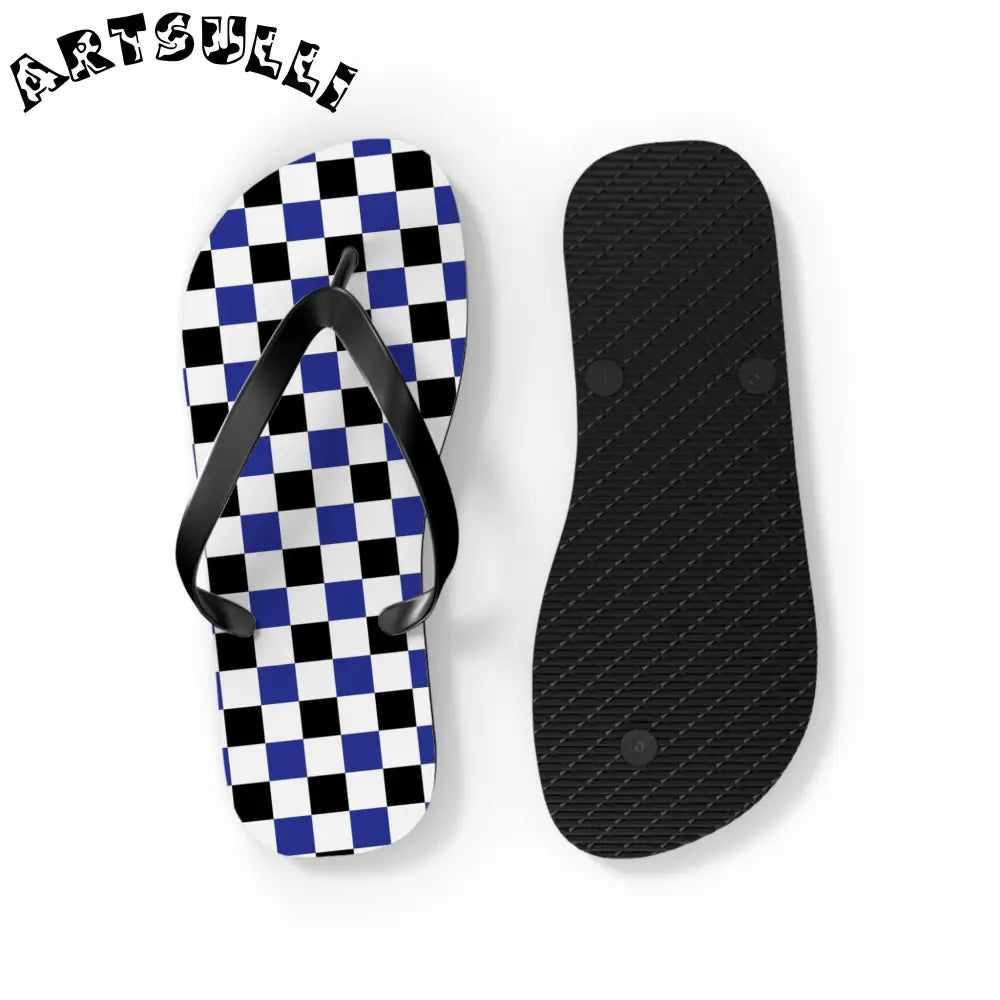 JAKKOUTTHEBXX Checkerboard Blue White and Black Flip Flops