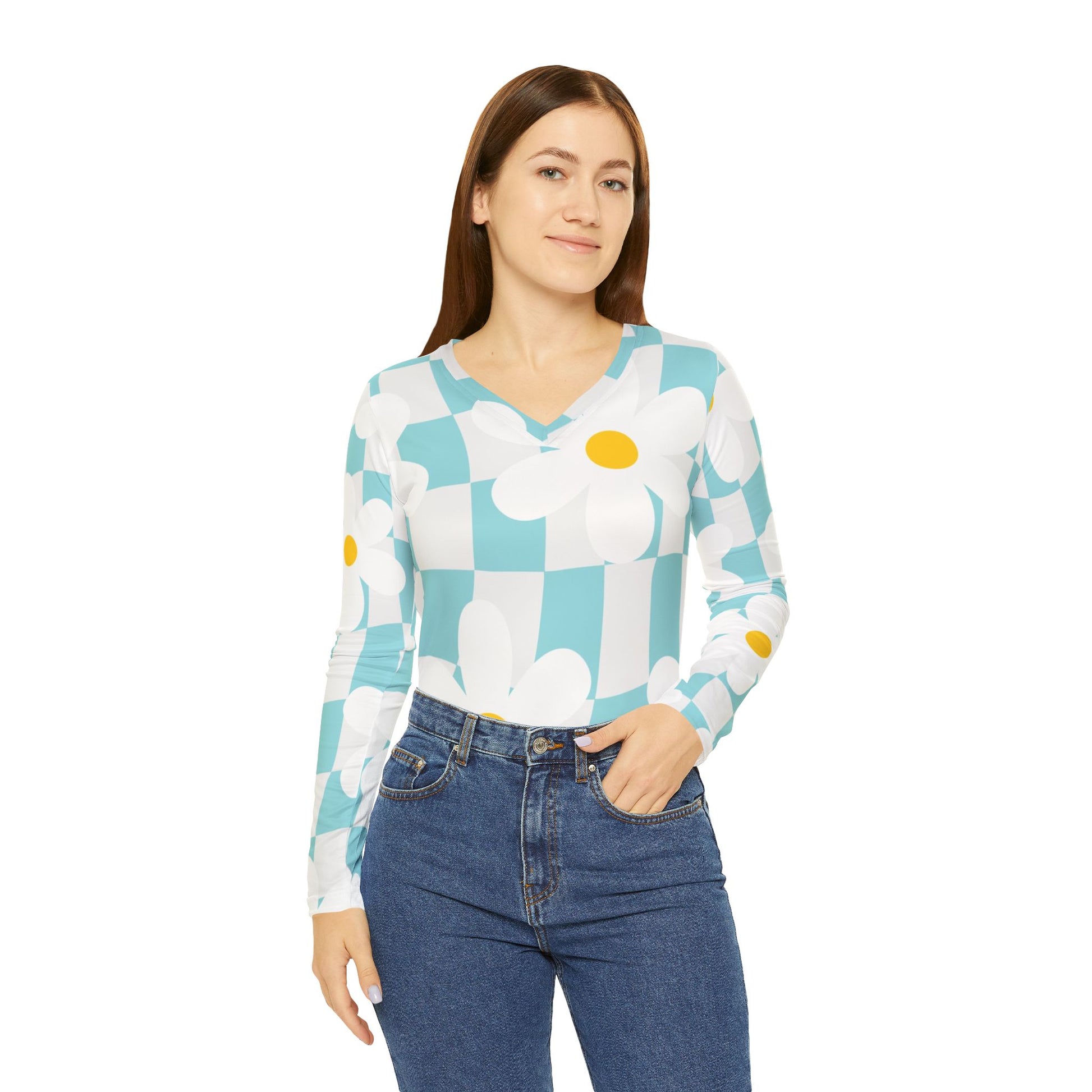 Trippy Check Garden Women's Long Sleeve V-neck Shirt (AOP), Artsulli - Art is Long, Life is Short, All Over Prints, , , , , , , 