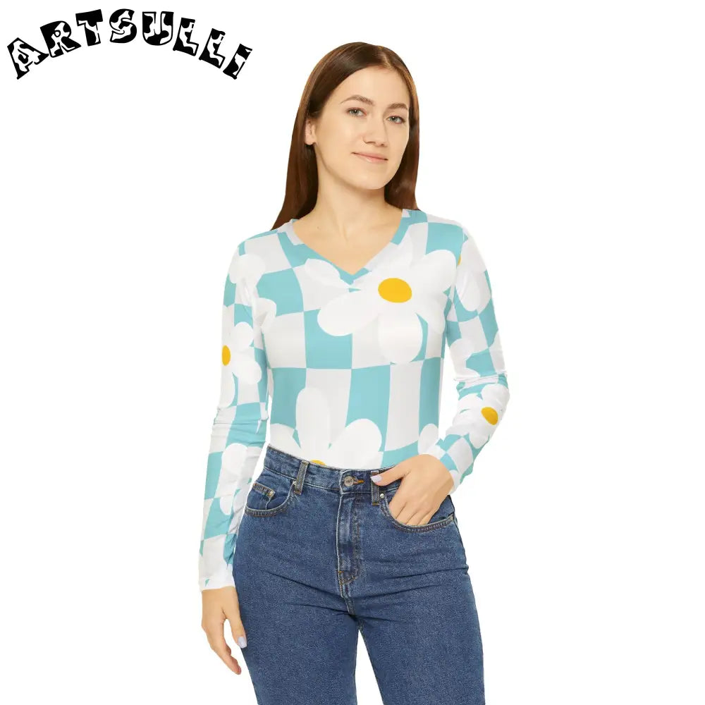 JAKKOUTTHEBXX Trippy Check Garden Women’s Long Sleeve V-neck Shirt