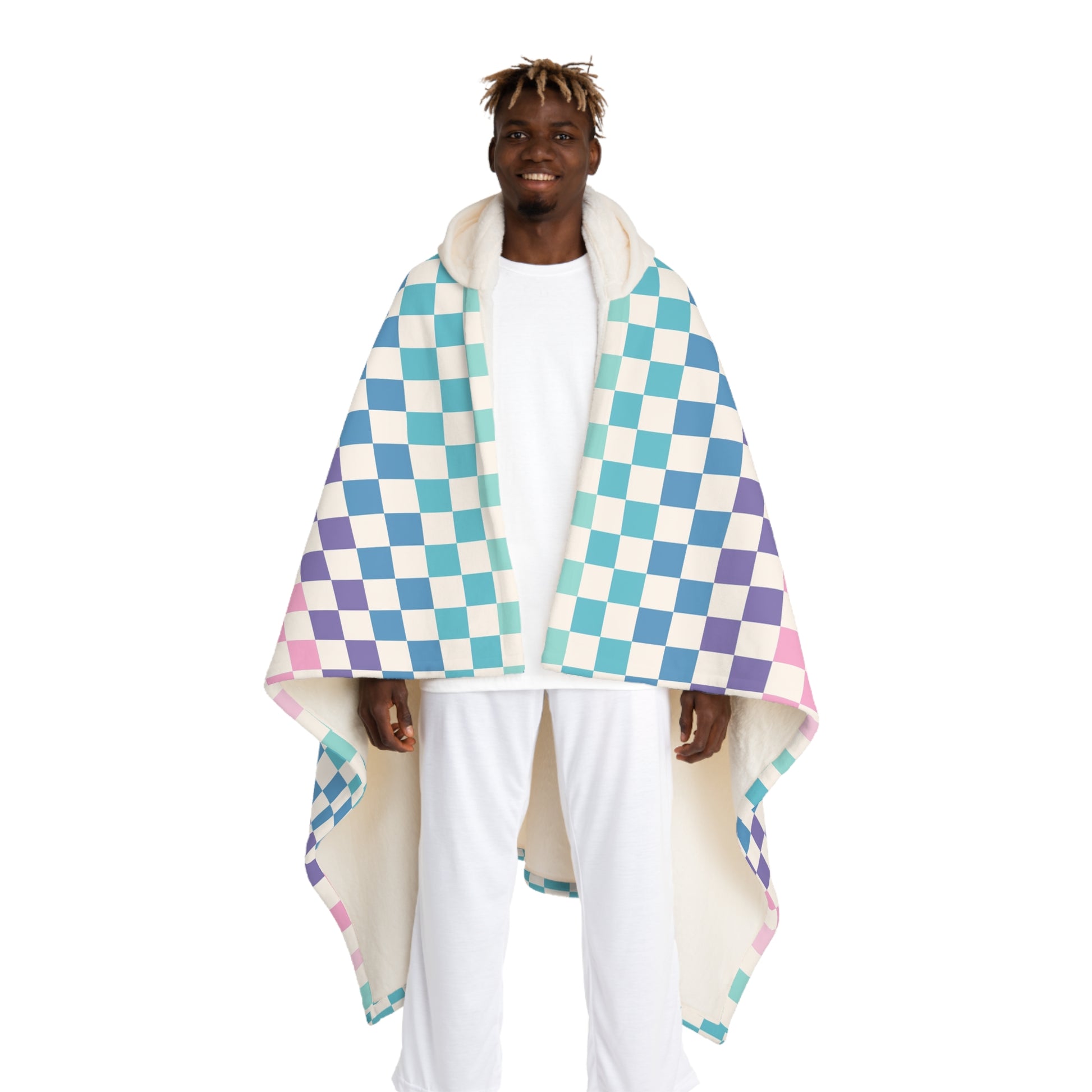 Vaporwave Rainbow  Checkerboard II Multi-Color Hooded Sherpa Fleece Blanket, Artsulli - Art is Long, Life is Short, All Over Prints, Size, One size, Color, Cream, , , 20848341630425104597