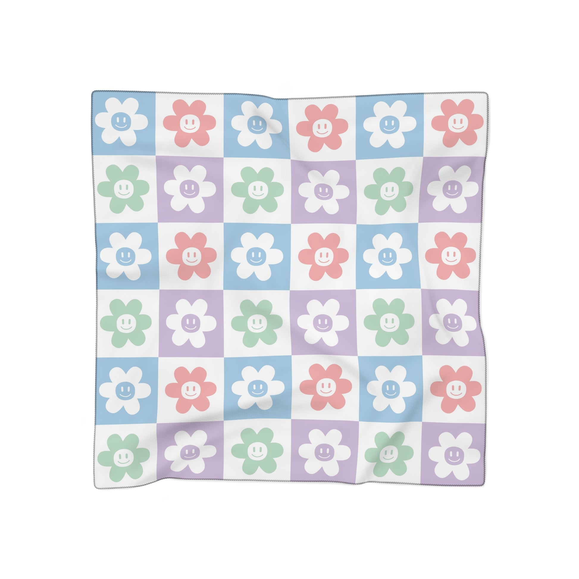 Chessboard x Smiley Face Flowers Multi-Color Poly Scarf, Artsulli - Art is Long, Life is Short, Accessories, Color, Poly voile, Size, 50" × 50", , , 14748550755492528264