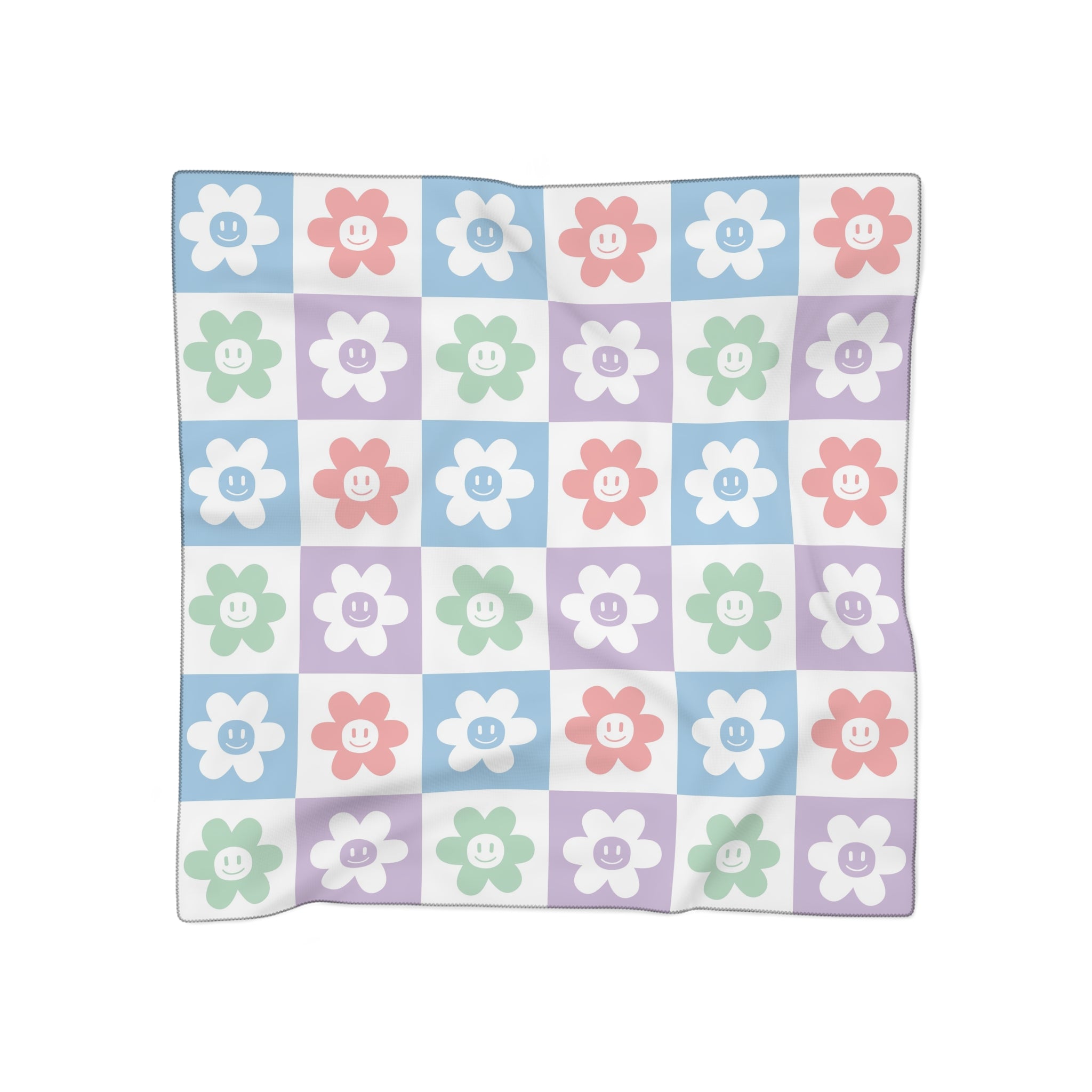 Chessboard x Smiley Face Flowers Multi-Color Poly Scarf, Artsulli - Art is Long, Life is Short, Accessories, Color, Poly chiffon, Size, 50" × 50", , , 21957996312699054651