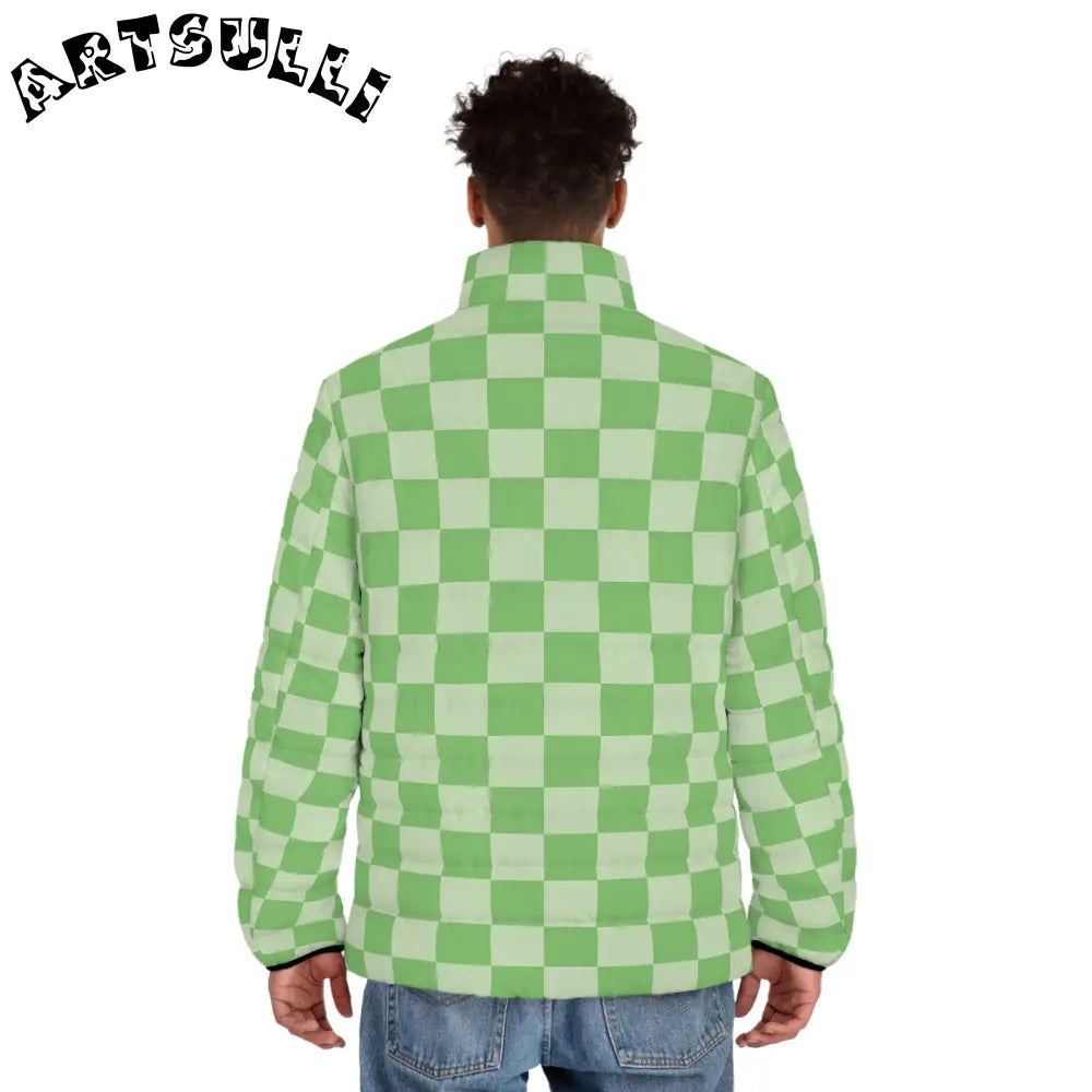 JAKKOUTTHEBXX Checkerboard Green Men’s Puffer Jacket (AOP)