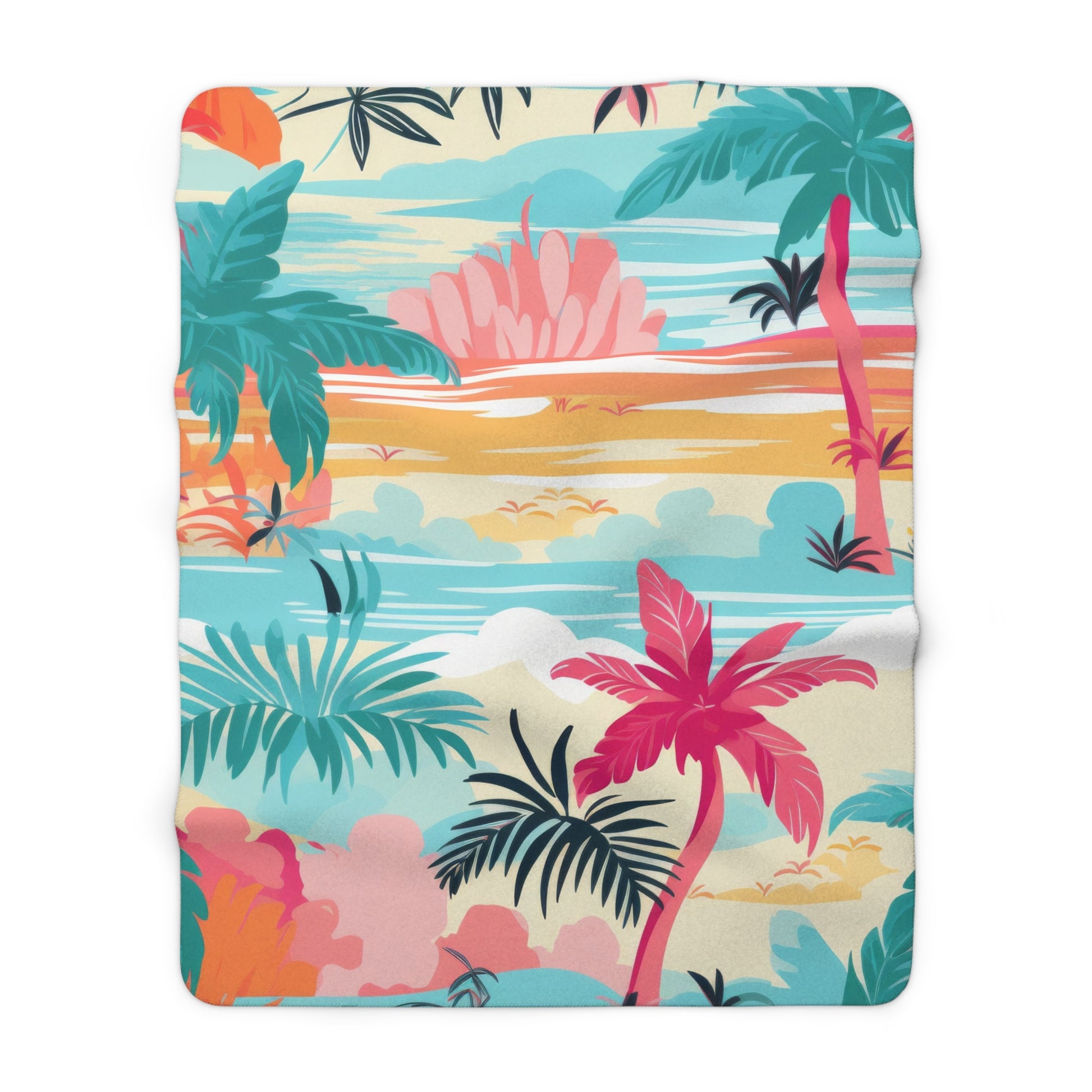 Tropical Palm Beach Paradise Multi-Color Sherpa Fleece Blanket, Artsulli - Art is Long, Life is Short, Home Decor, Size, 60" × 80", , , , , 47331464405450359265