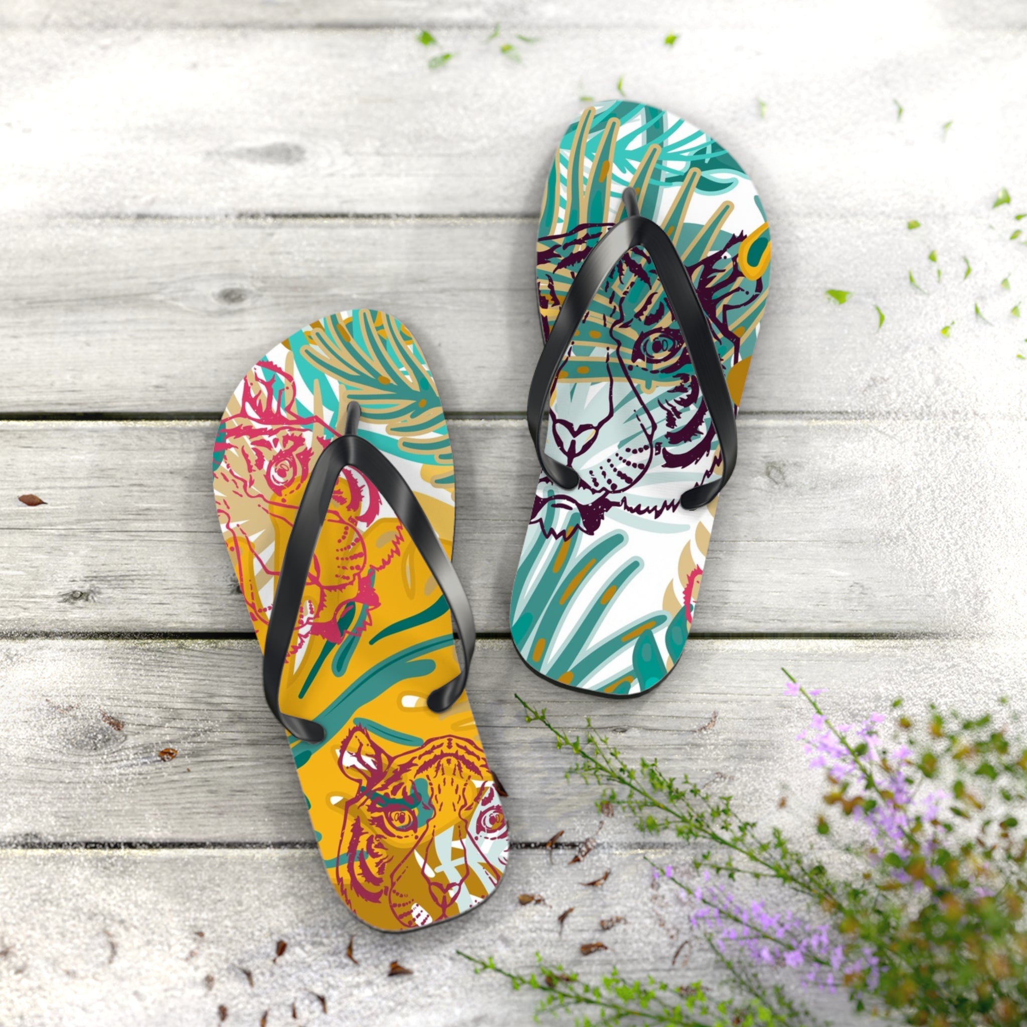 Tropical Jungle Tigers Brown and Green Flip Flops, Artsulli - Art is Long, Life is Short, Shoes, , , , , , , 