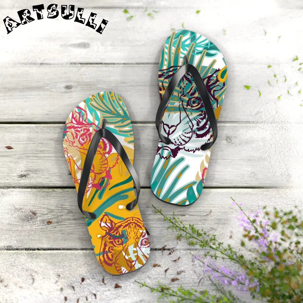 JAKKOUTTHEBXX Tropical Jungle Tigers Brown and Green Flip Flops