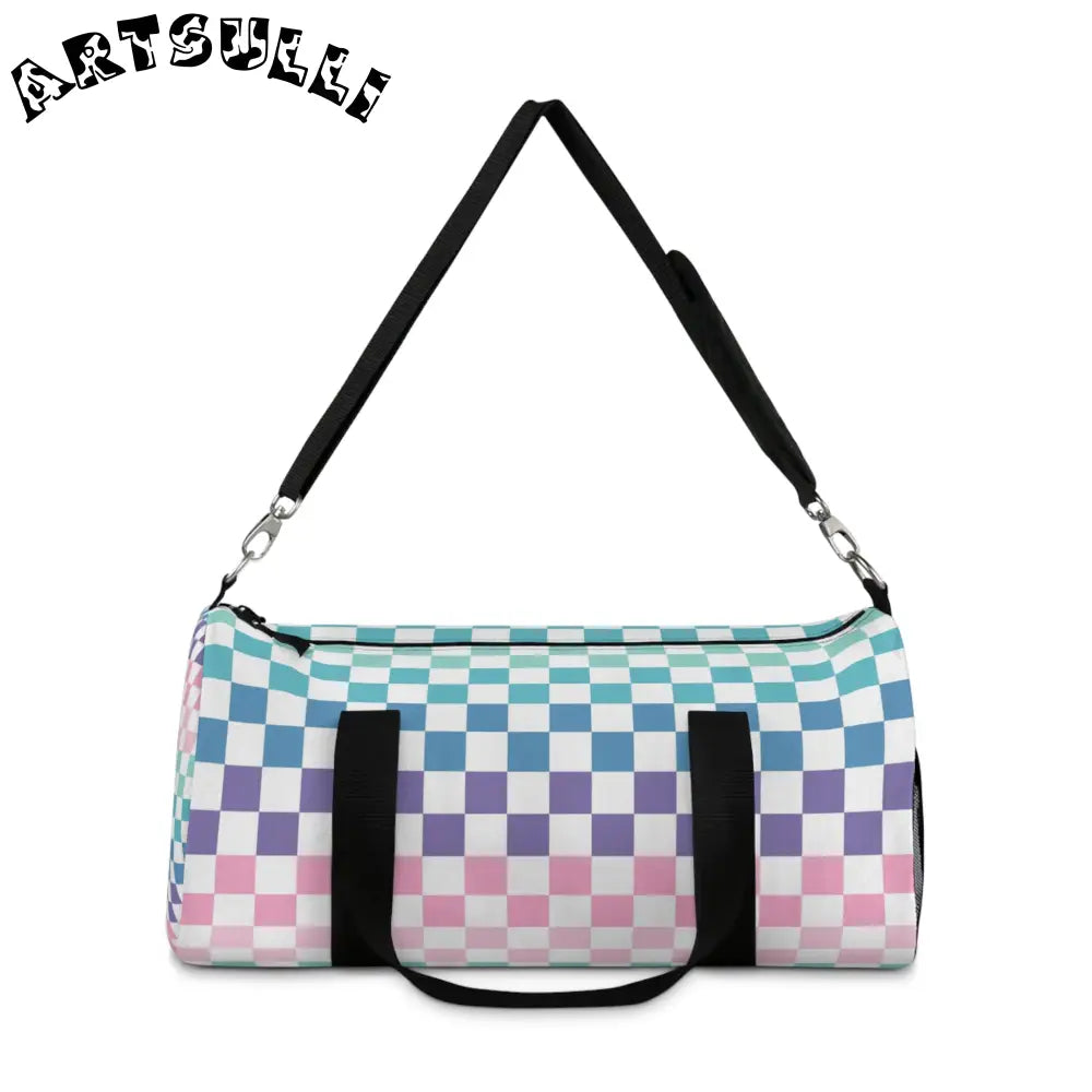 JAKKOUTTHEBXX Vaporwave Rainbow Checkerboard Multi-Color Duffel Bag
