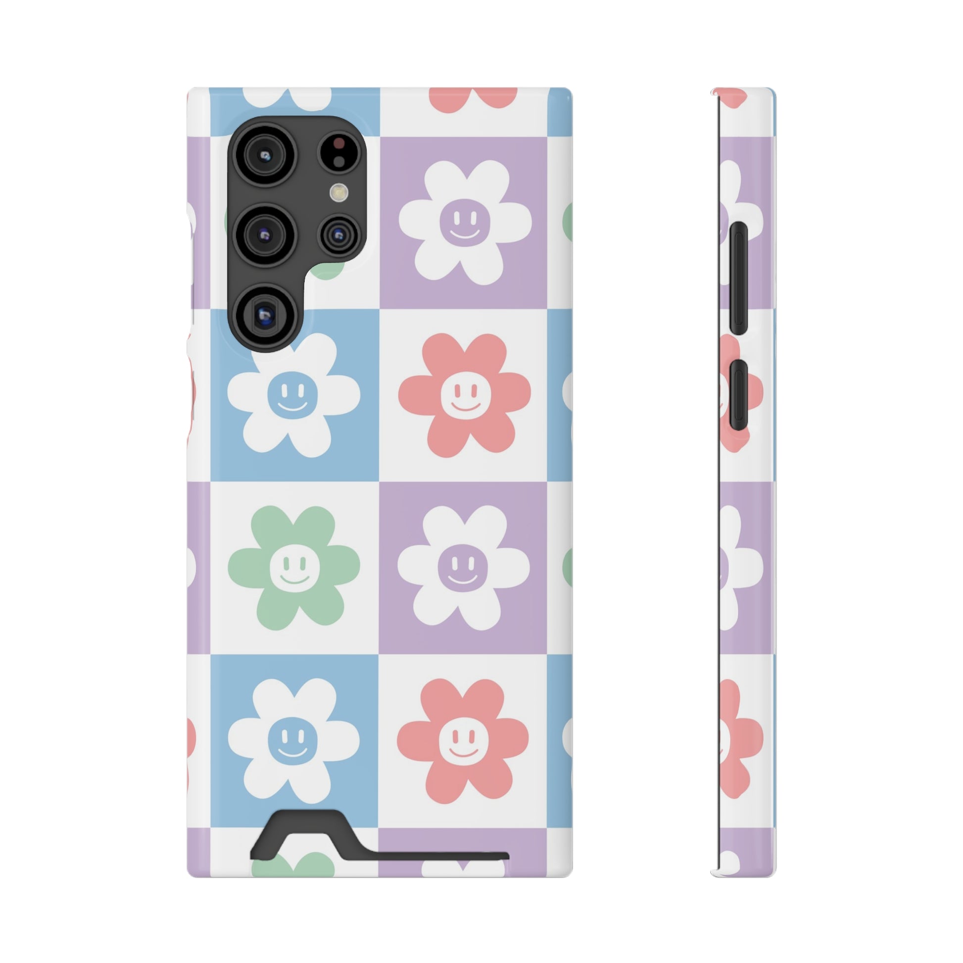Chessboard x Smiley Face Flowers Multi-Color Phone Case With Card Holder, Artsulli - Art is Long, Life is Short, Phone Case, Size, Samsung Galaxy S22 Ultra, Surface, Glossy, Shape, Without gift packaging, 67444344493015890518