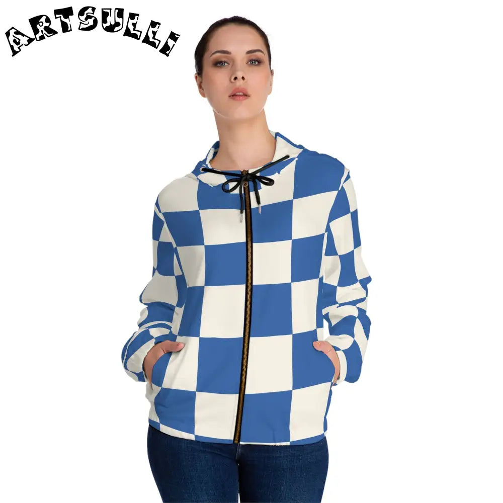 JAKKOUTTHEBXX Checkerboard Blue Women’s Full-Zip Hoodie (AOP)